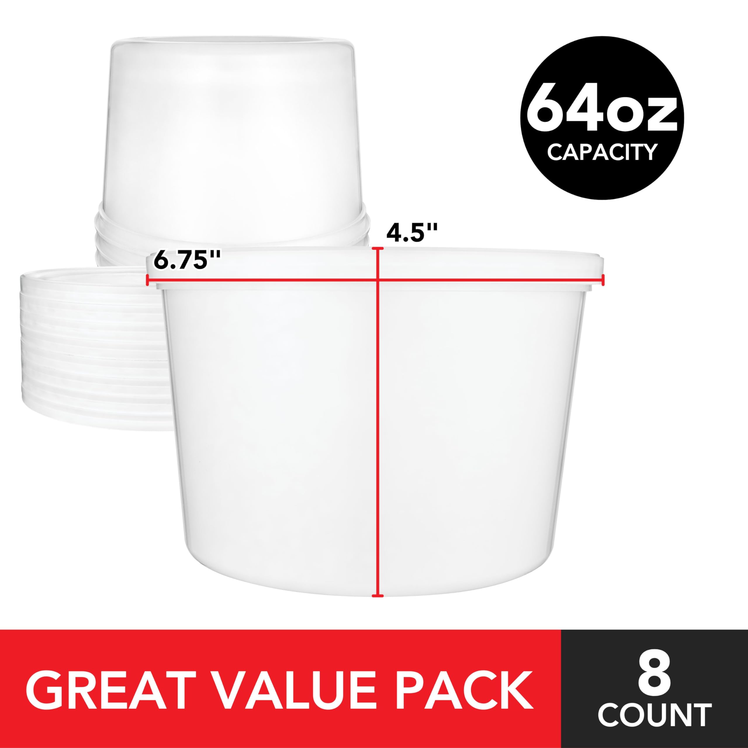 Stock Your Home 64 Oz Plastic Deli Containers With Lids (8 Pack), Half Gallon Reusable Freezer Containers, Disposable Food Stora