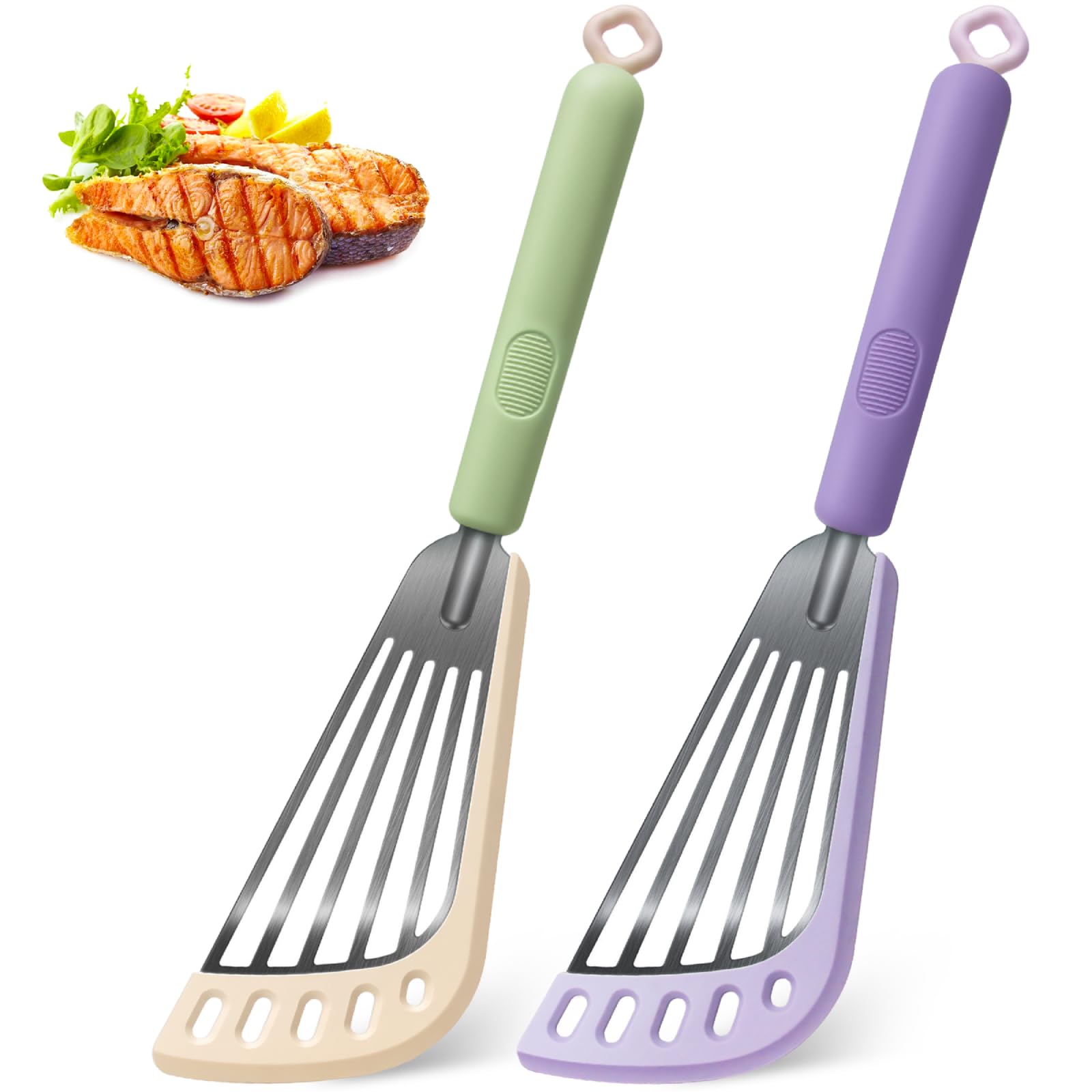Fish Spatula 2Pack, Stainless Steel Slotted Turner with Silicone Edge