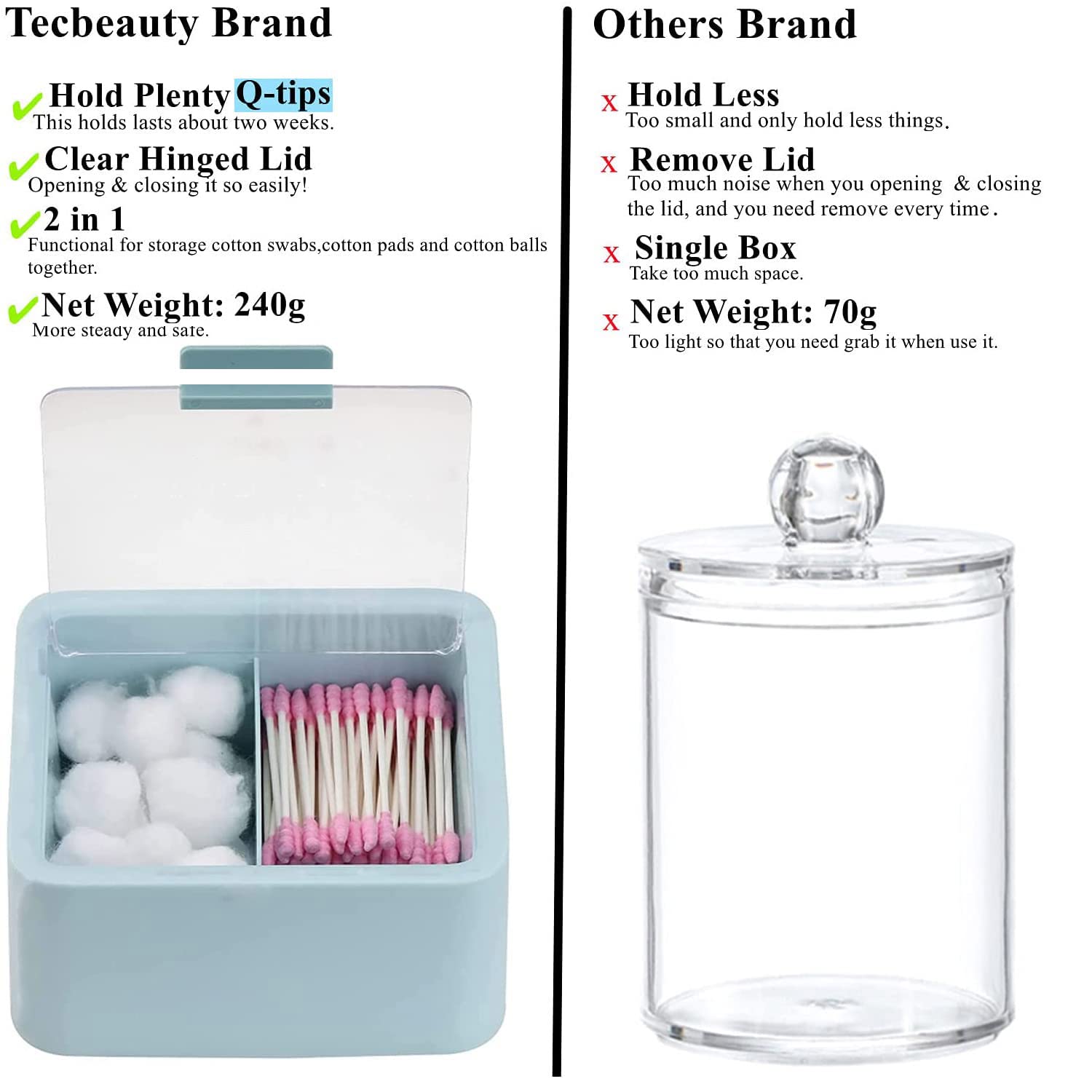 Tecbeauty Large Qtips Holder - 2 Grids Cotton Swabs Dispenser Bathroom Organizer Cotton Balls, Cotton Pads Storage Canisters, Hi