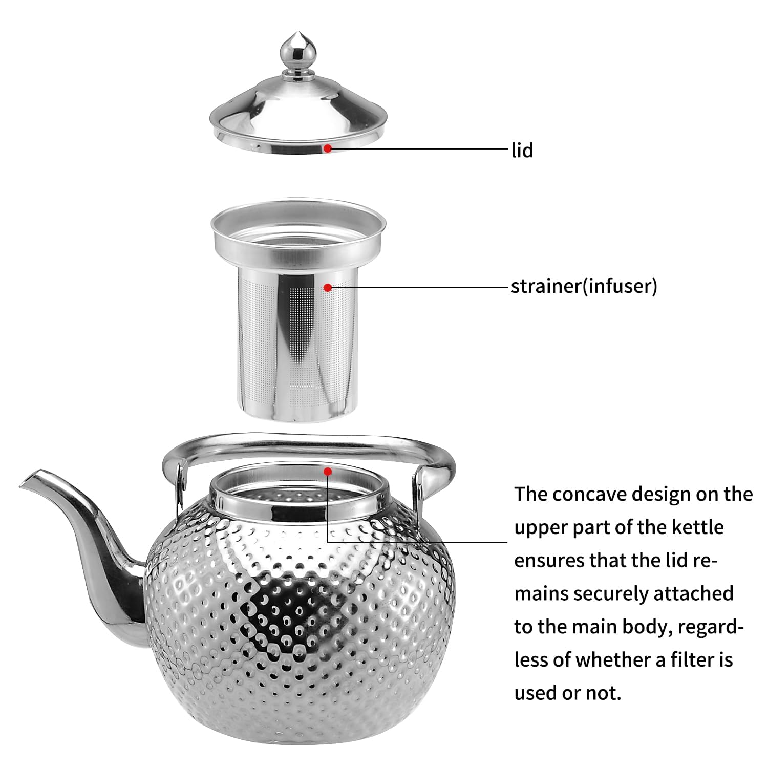Sanqiahome 2000Ml Teapot With Infuser Stainless Steel Water Boilers Lifting Handle Tea Maker Water Kettle For Induction/Gas Silv