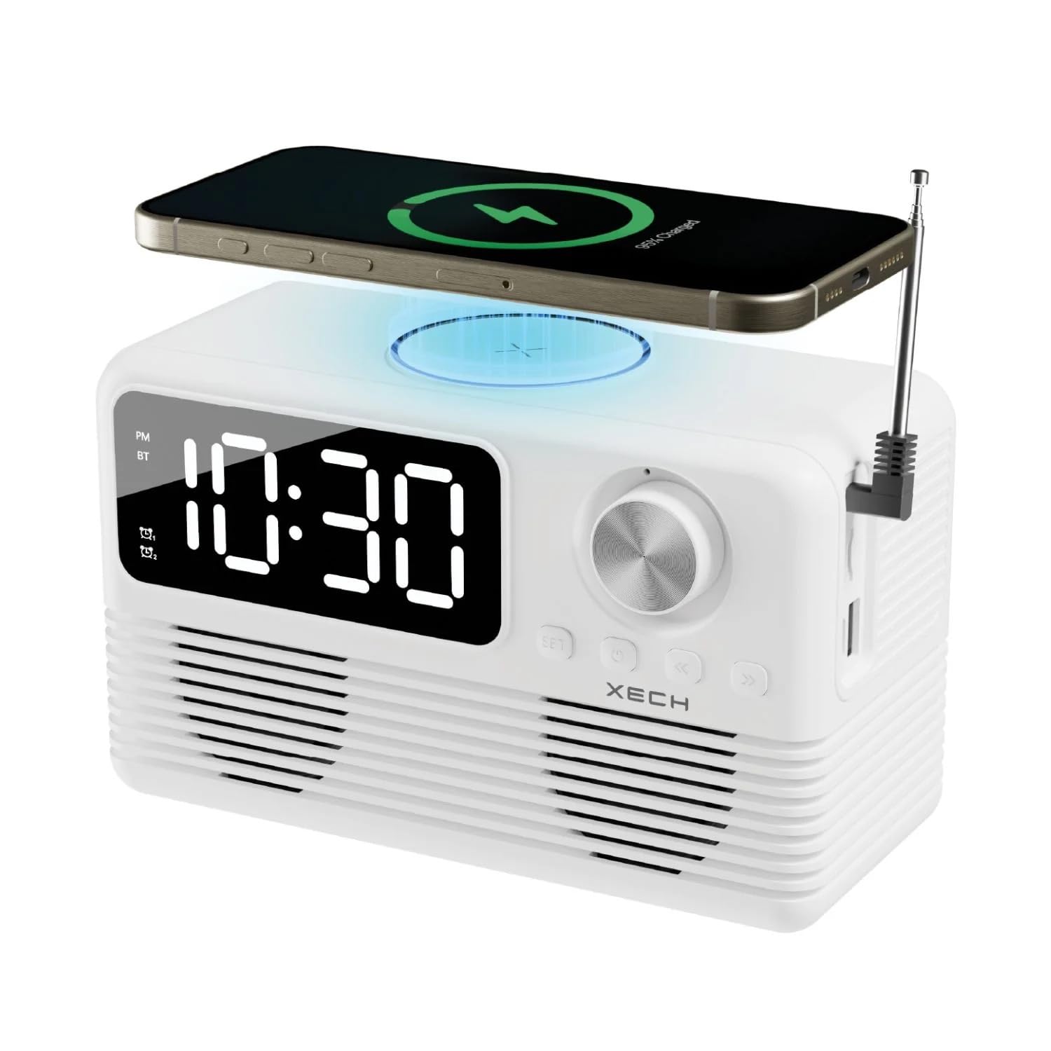Xech Retro Alarm Clock Speaker With Wireless Charger | Dual Loud Alarms For Heavy Sleepers | Vintage Radio Design | Digital Disp