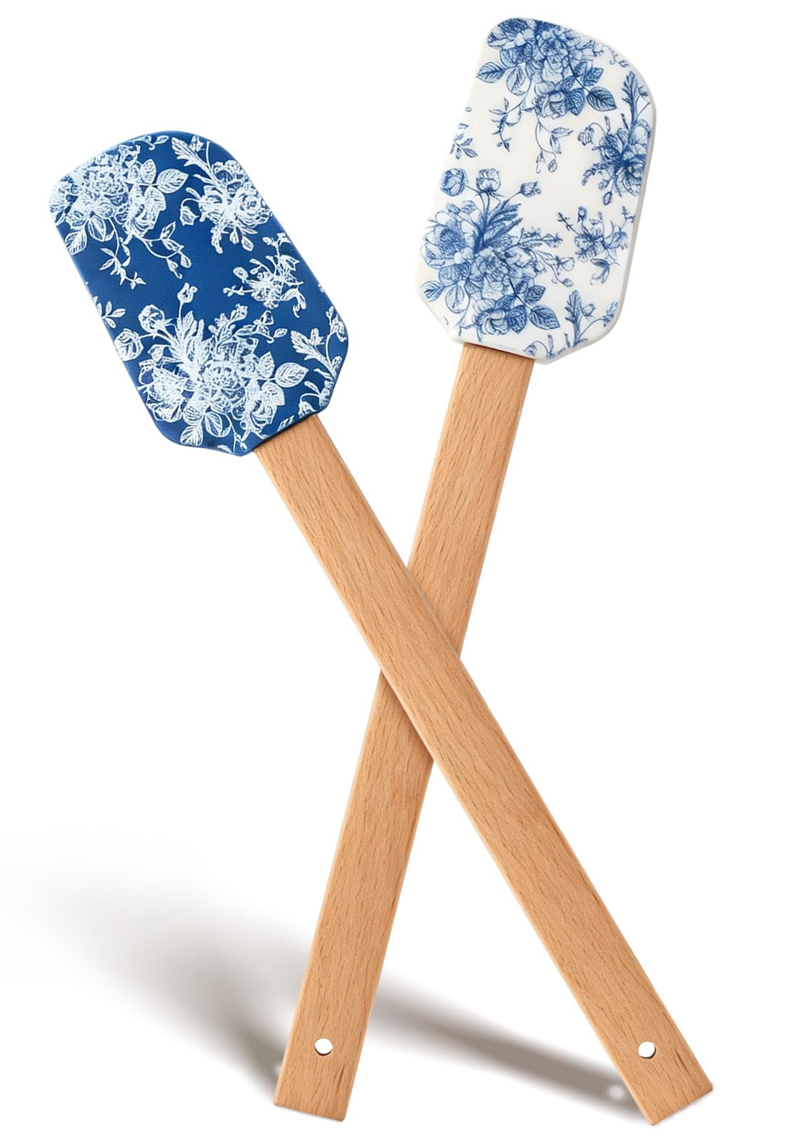 AnyDesign Blue Floral Silicone Spatula Set with Wooden Handle, 2Pcs