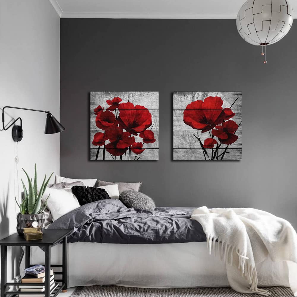 Poppy Wall Art,Big Red Poppies Canvas Wall Decor,Red Black Gray 2 Piece Print Pictures,Crimson Red Flower Bedroom Living Room De