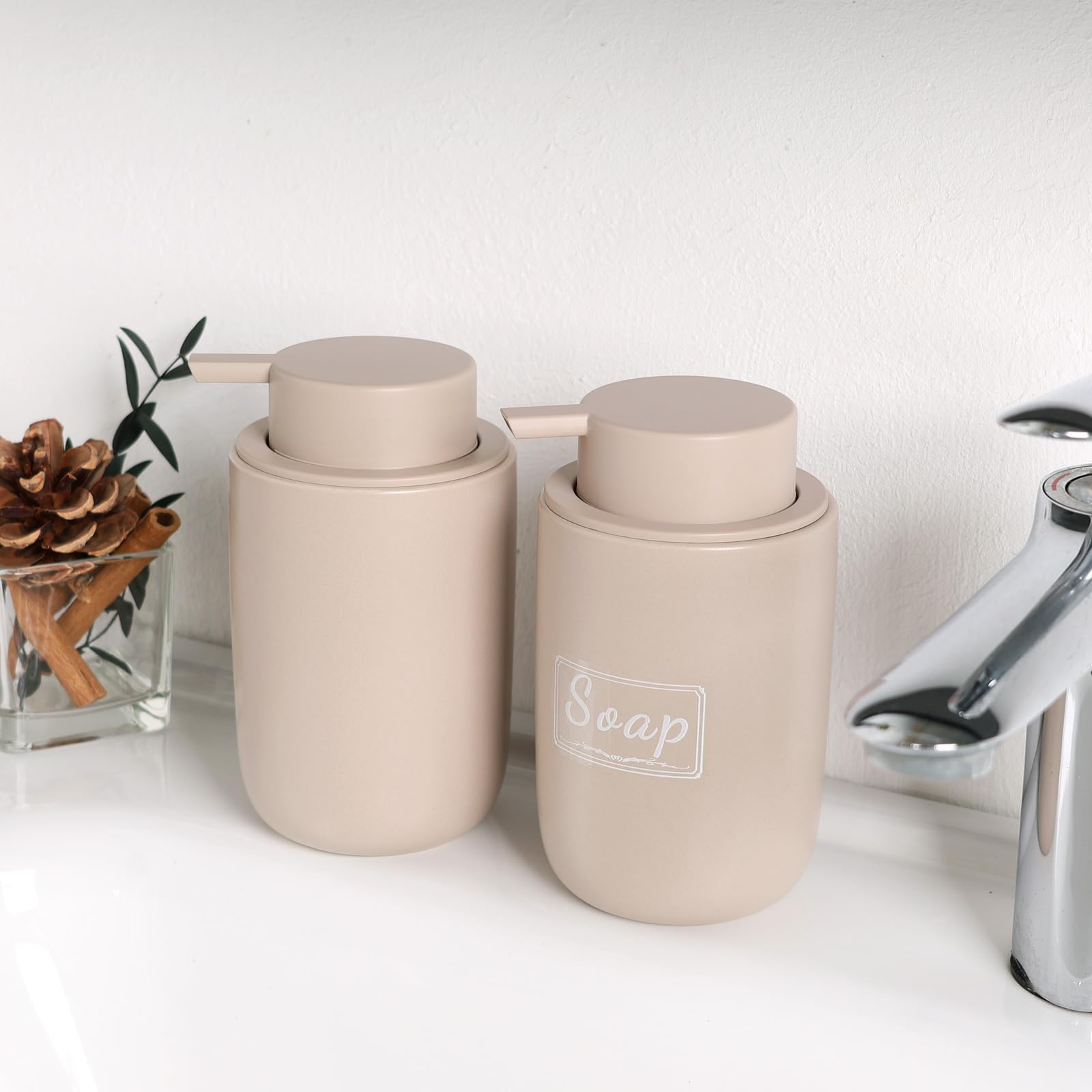 Bosilunlife Khaki Soap Dispenser Set - 2 Pack 12Oz Ceramic Dish Soap Dispenser With Rust Proof Pump For Kitchen, Hand Soap And L