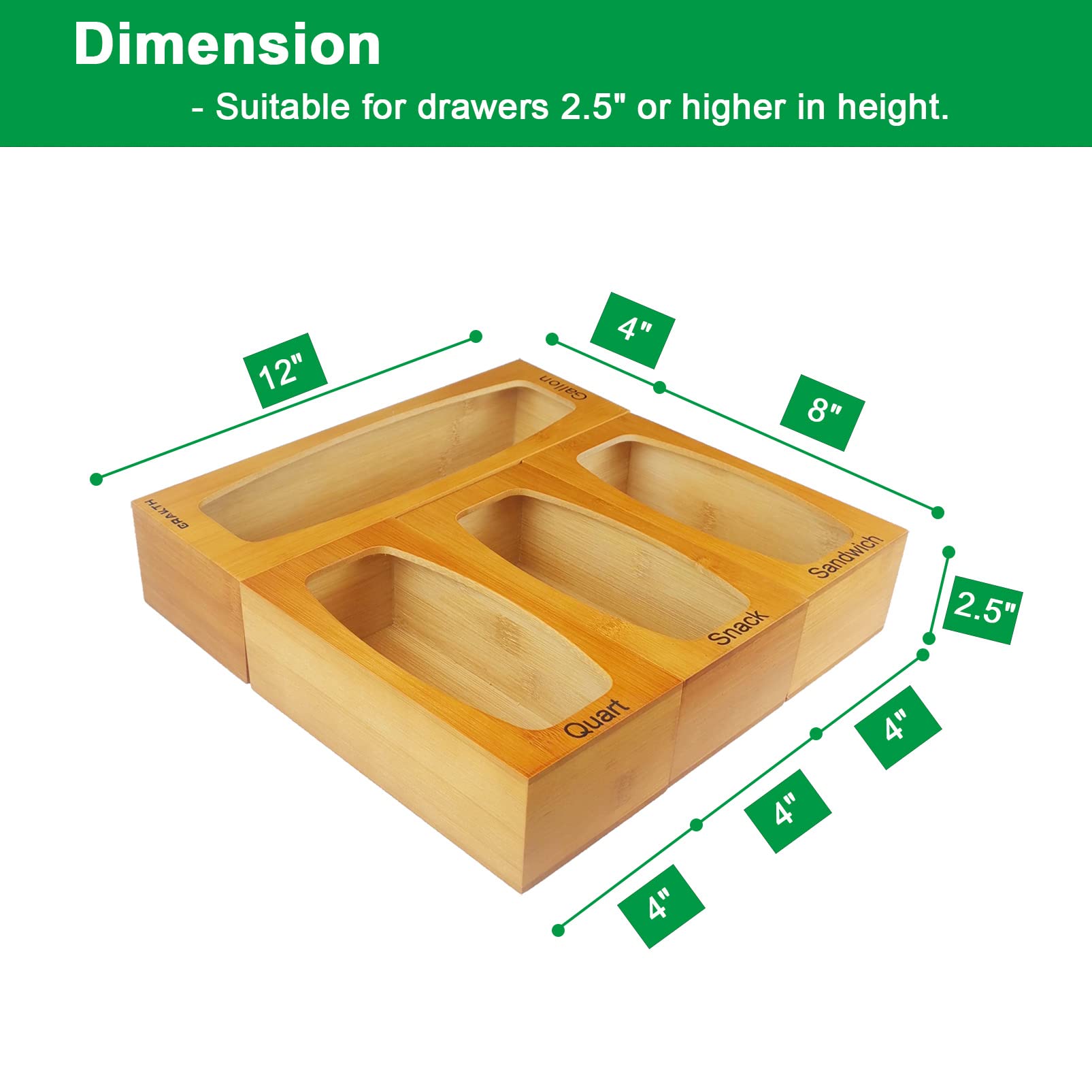 Crakth Bamboo Ziplock Bag Storage Organizer For Kitchen Drawer, 4 Separate Baggie Organizer, Suitable For Gallon, Quart, Sandwic