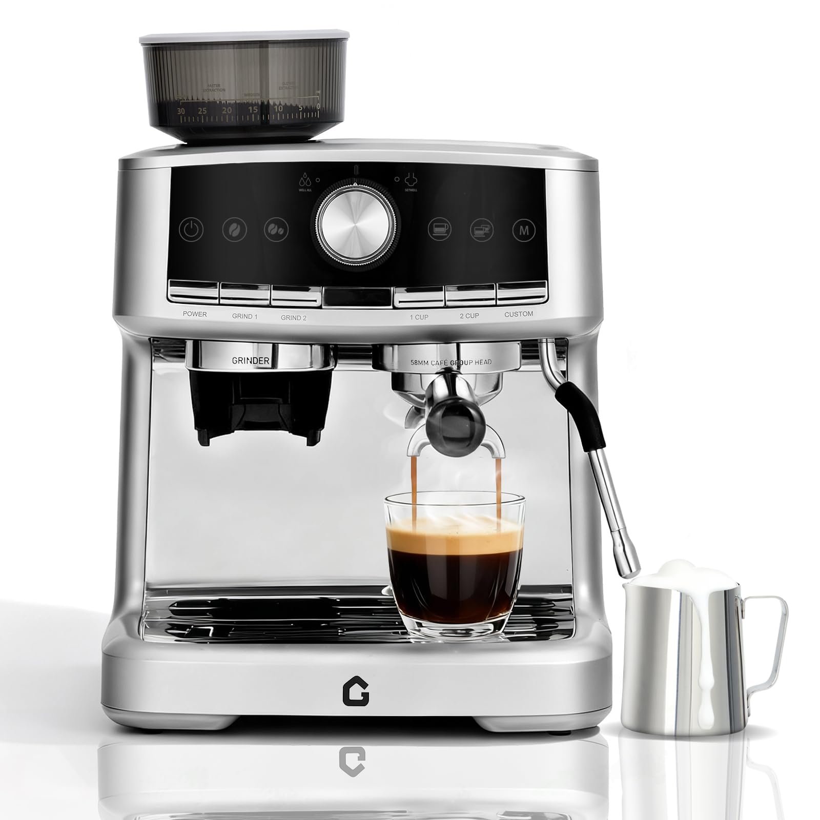 Garvee 20 Bar Pressure Stainless Steel Espresso Machine with Grinder, 1.5L Removable Water Tank, Milk Frother Steam Wand for Lat