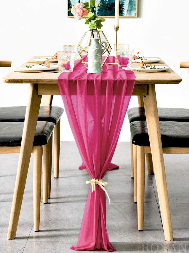 Boxan 30X120 Inch Fuchsia Sheer Table Runner - Boho Romantic Tablecloth For 6 Foot Table In Washable Polyester - Great For Buffe