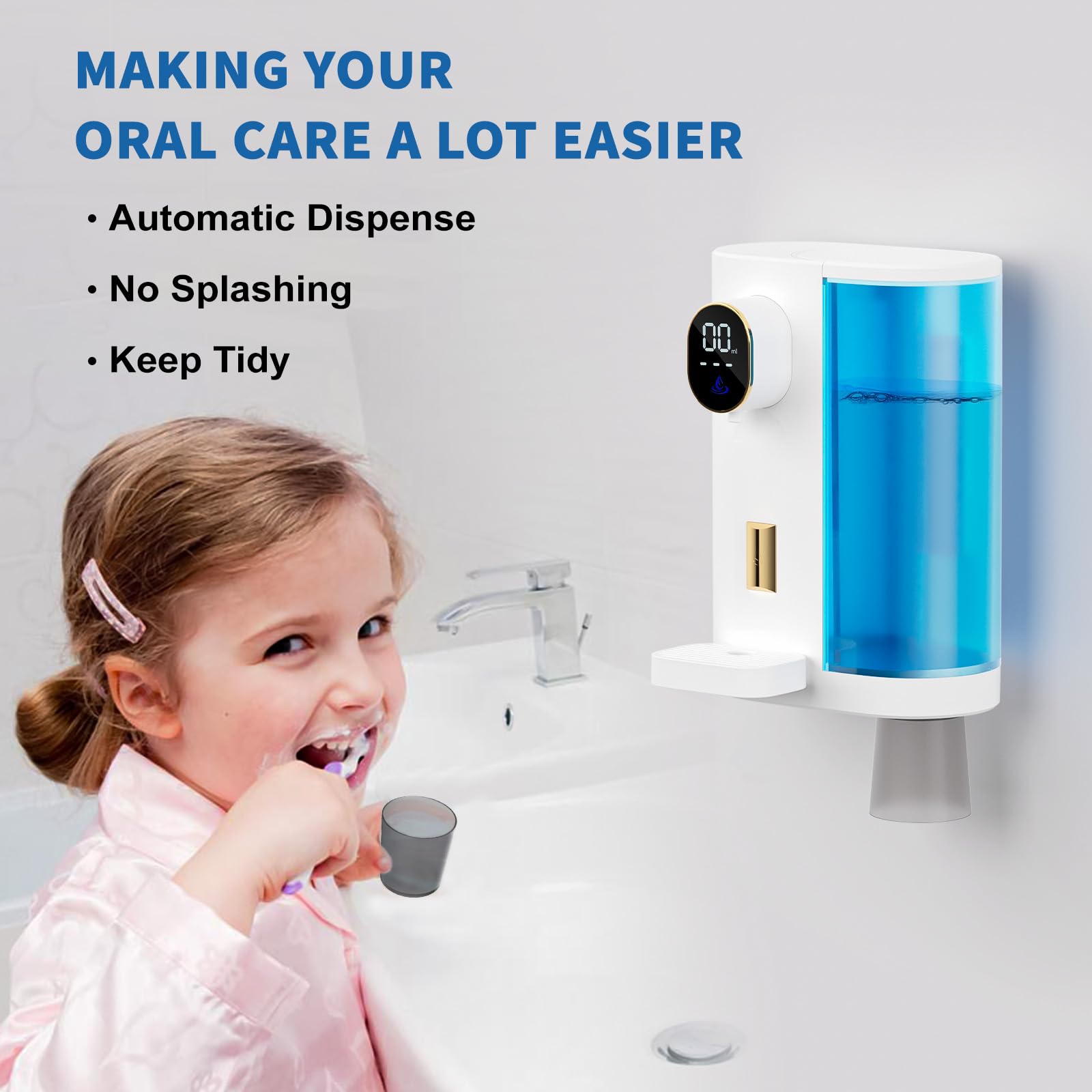 Automatic Mouthwash Dispenser For Bathroom: 20.3Oz Mouth Wash Dispenser With Magnetic Cup Holder, 4 Levels, Wall Mounted, Electr