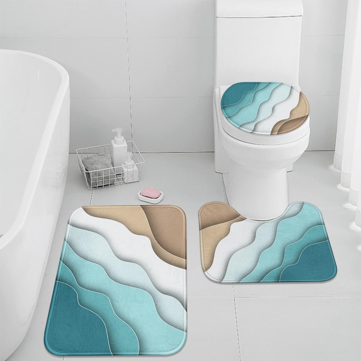 Britimes Bathroom Rug Set Of 3, 3 Pieces Bath Mats Set For Bathroom, Abstract Blue Beach No Silp Washable Cover Floor Rug Decora