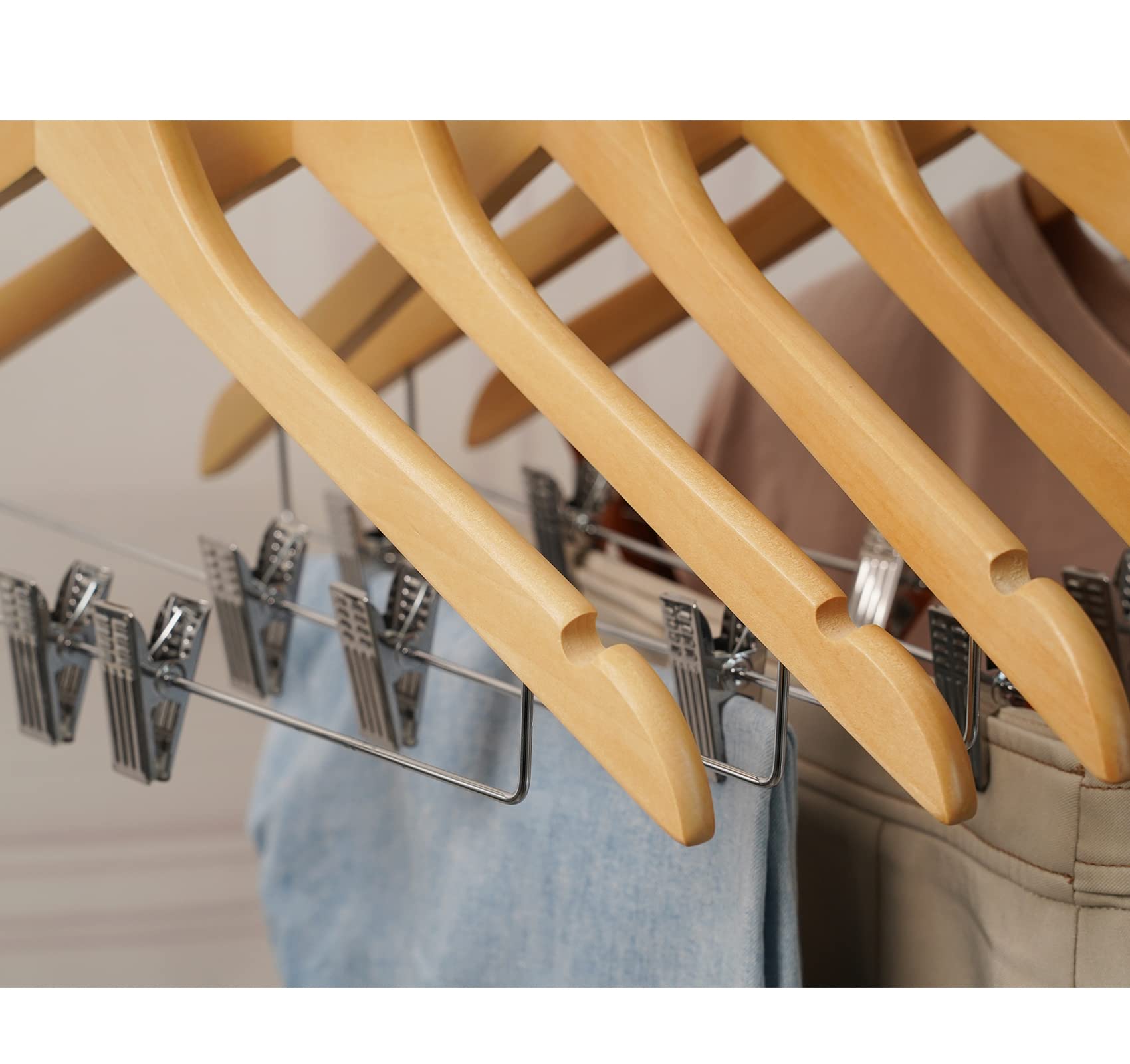 Hou  Sm 16Pack Wooden Hangers Skirt Hangers With Clips, Solid Wood Pants Hangers Natural Smooth Finish High-Grade Selected Wood