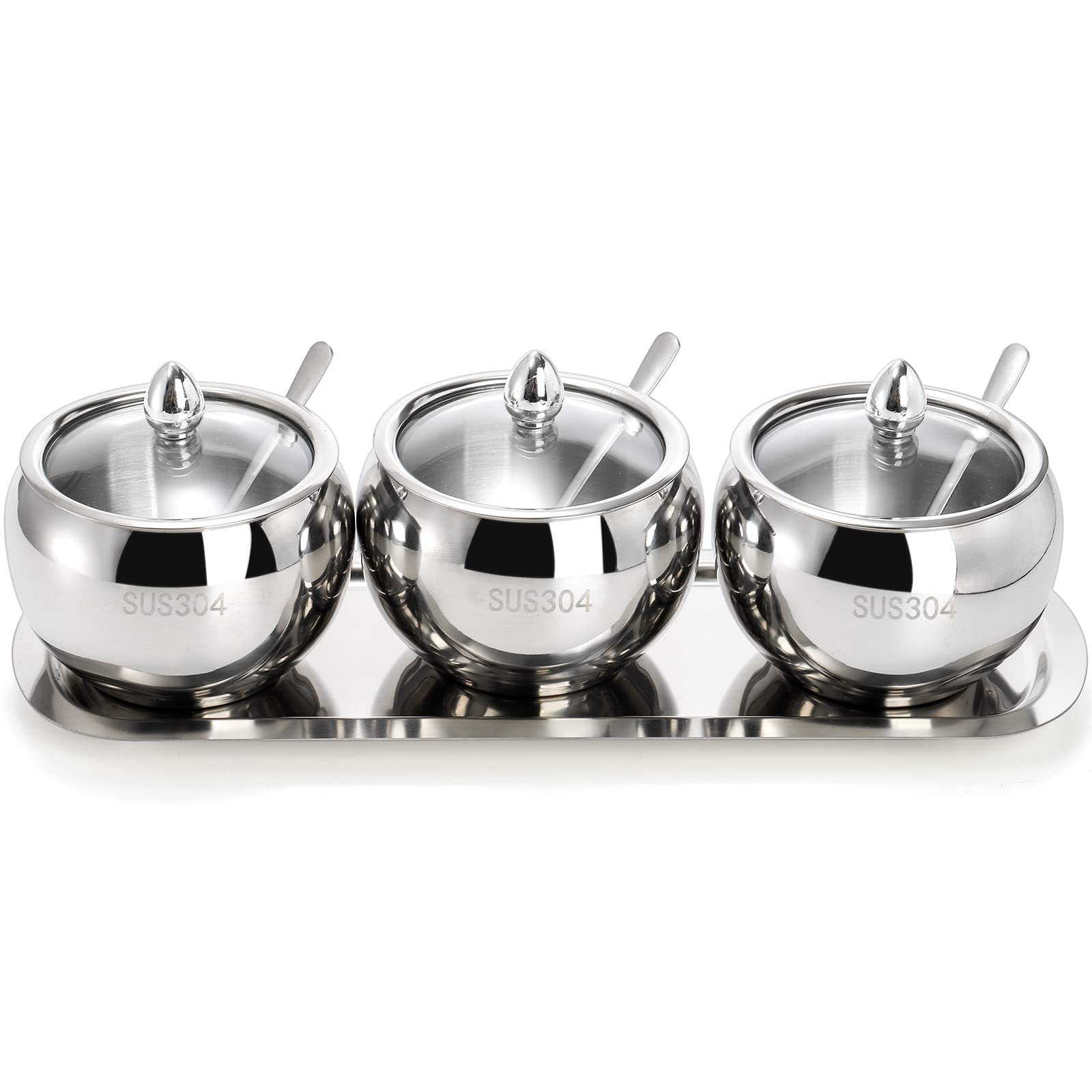 Hedume 3 Grids 304 Stainless Steel Seasoning Containers Set With Lid Spoon And Tray, Condiment Jar Spice Container, Condiment Ca