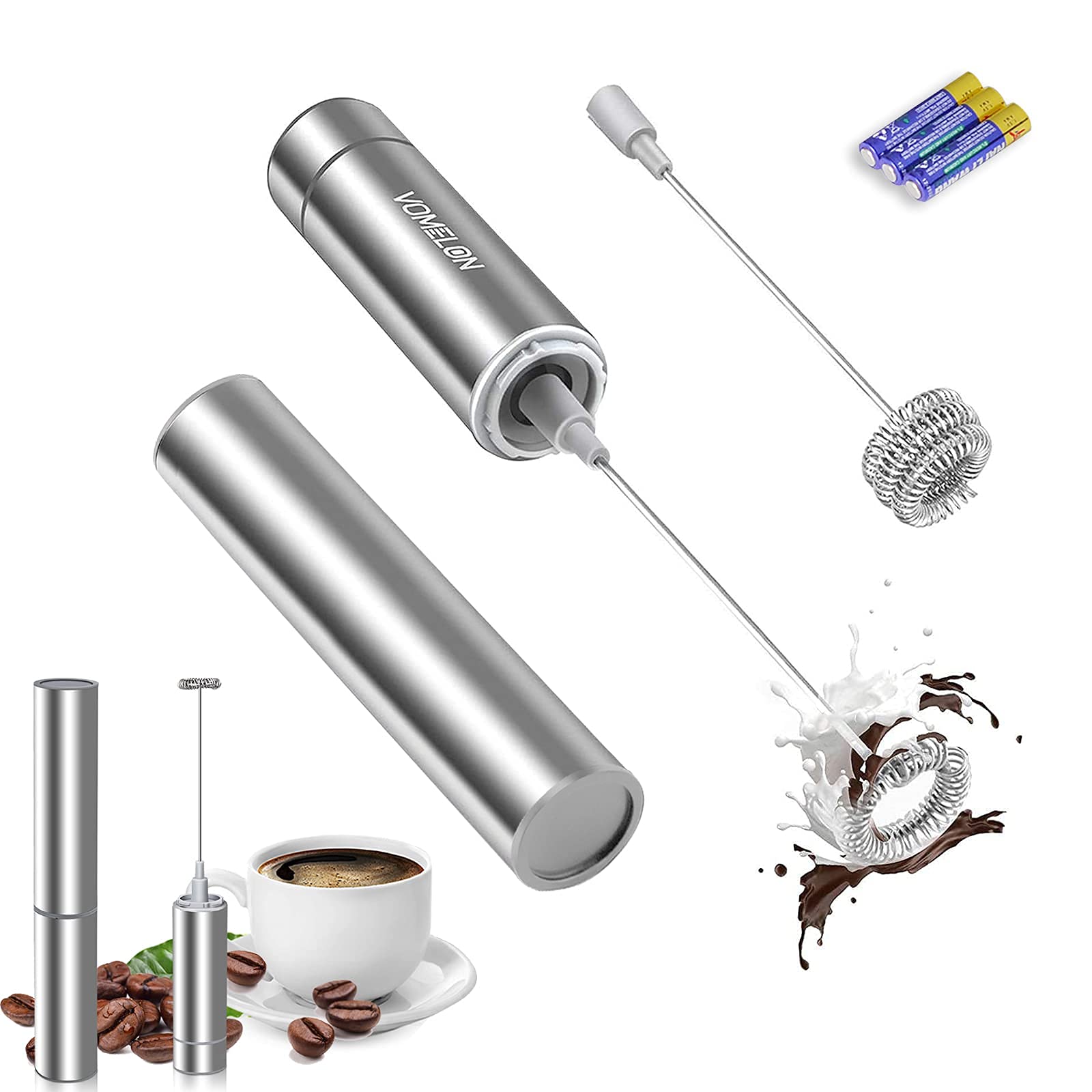Milk Frother Handheld, Battery Operated Travel Coffee Frother Milk Foamer Drink Mixer With 2 Stainless Steel Whisks For Hot Choc