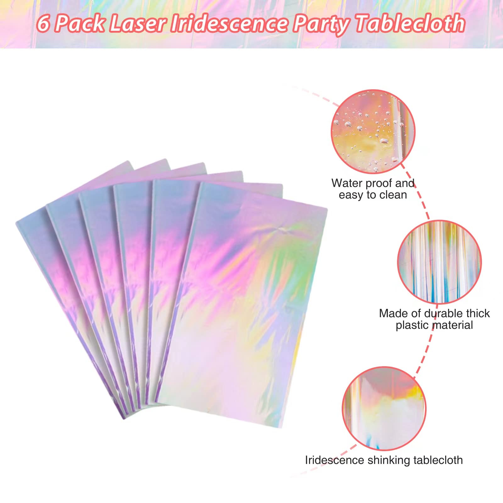 6 Pack Iridescence Plastic Tablecloths Shiny Disposable Laser Rectangle Table Covers Holographic Foil Tablecloth Iridescent Part