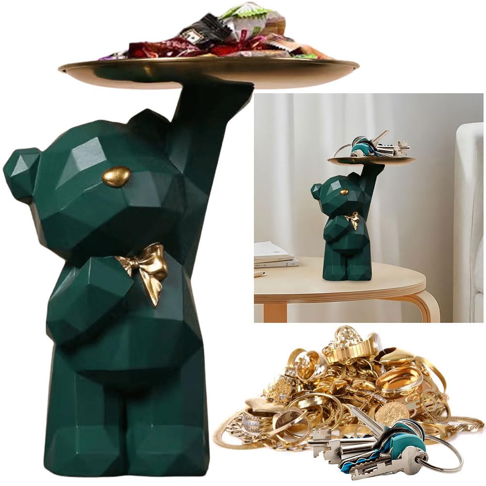 ALINUOYQ Lovely Bear Statue Key Bowl for Entryway Table, Geometric Bear Candy Bowl Modern Art Nordic Bear Resin Statues, Cute Be