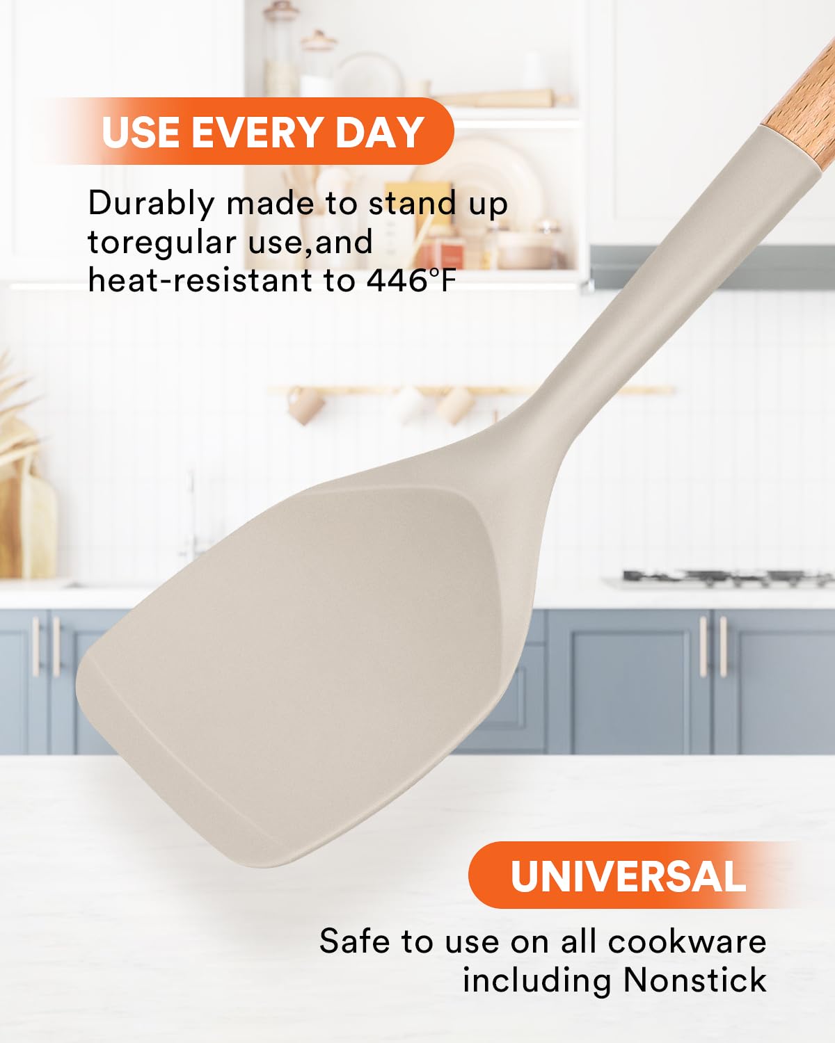 Nonstick Silicone Spatula, Non Scratch Flexible Edge For Pans, Slip Resistant Comfortable Wooden Handle, Heat Resistant Bpa-Free