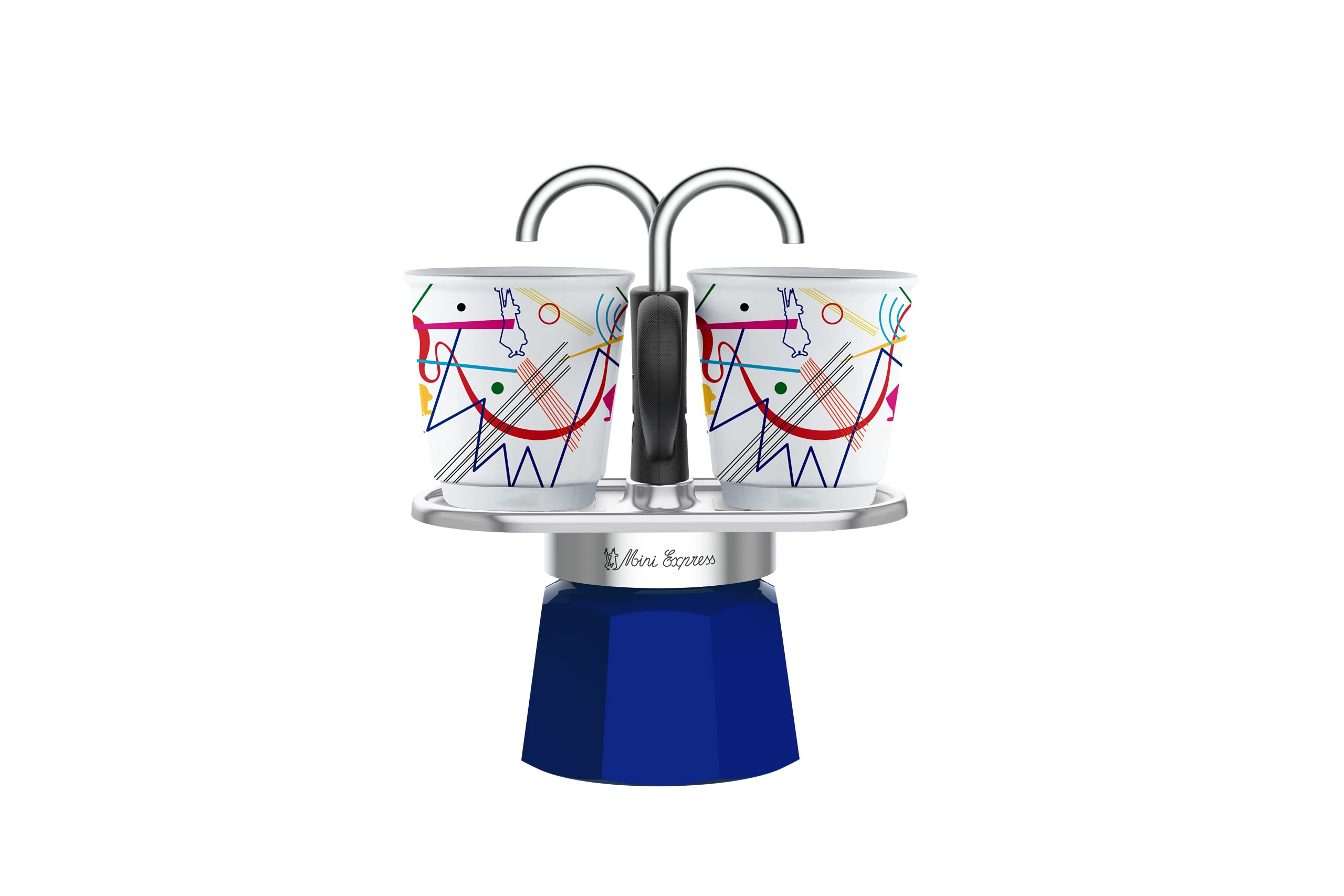 Bialetti - Mini Express Kandinsky: Moka Set Includes Coffee Maker 2-Cups (2.8 Oz) + 2 Shot Glasses, Light Blue, Aluminum