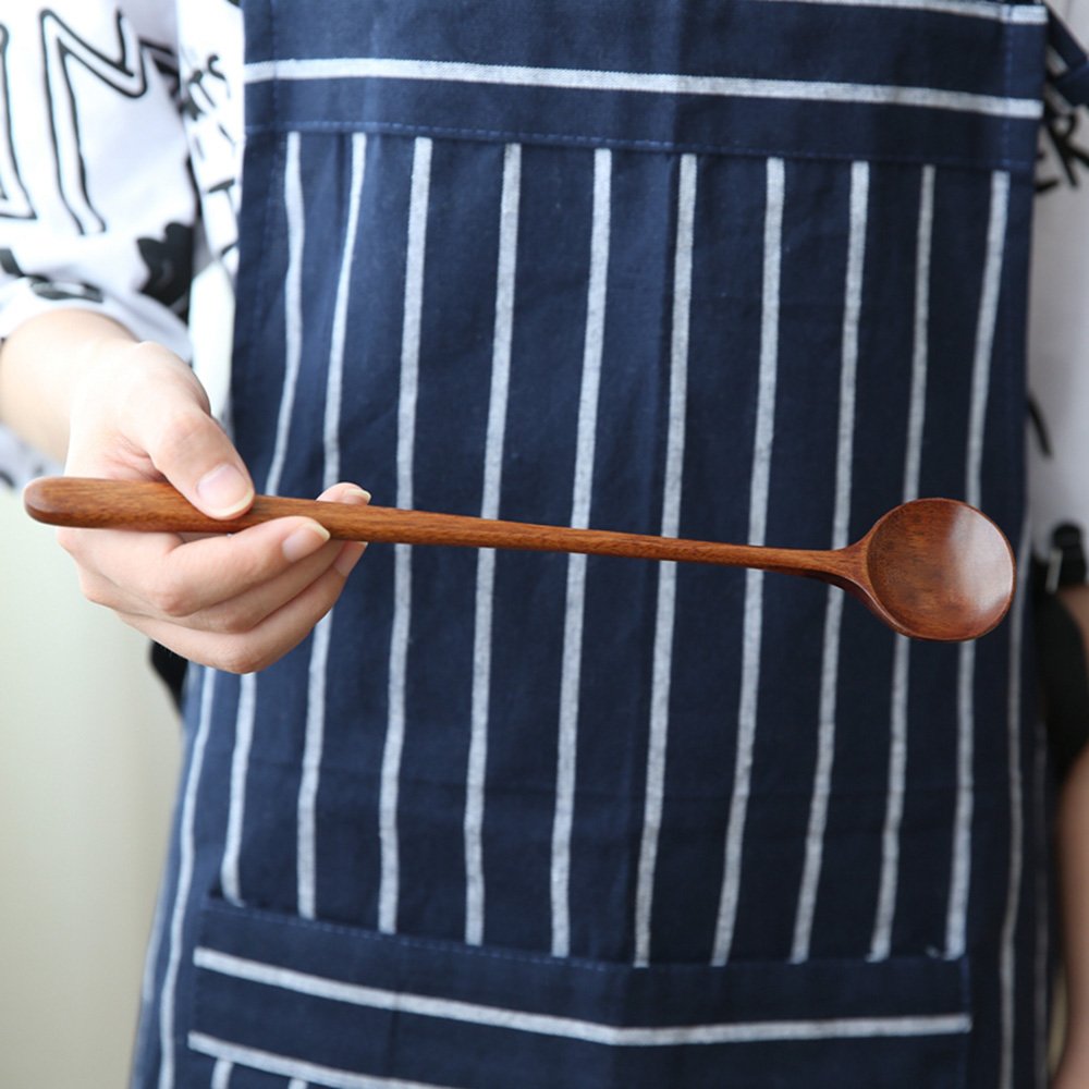 Long Spoons Wooden, 5 Pieces Korean Style 10.9 Inches 100% Natural Wood Long Handle Round Spoons For Soup Cooking Mixing Stirrer