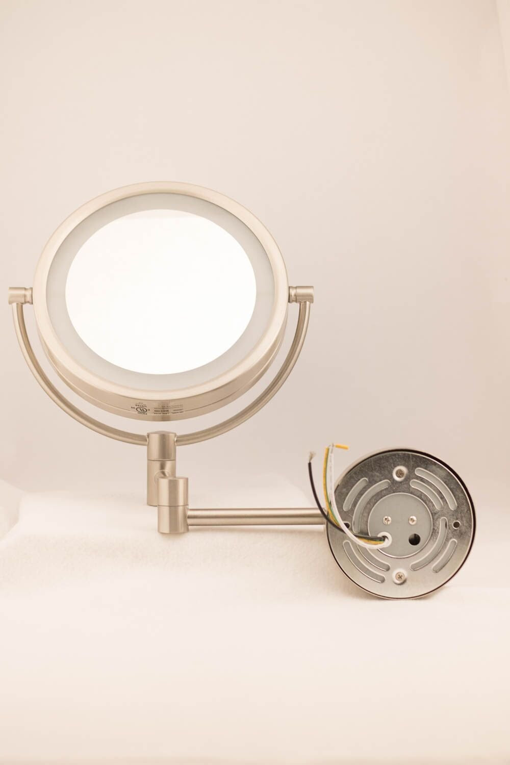 JERDON Two-Sided Wall-Mounted Makeup Mirror with Lights - Direct-Wired Lighted Makeup Mirror with 8X Magnification & Wall-Mount Arm - 8.5-inch Mirror - Model HL88CLD