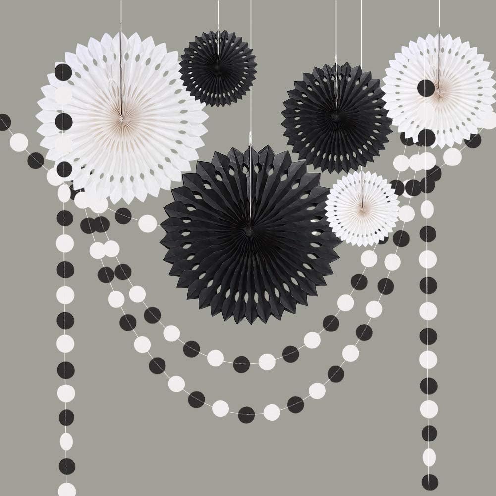 Cheerland Black White Party Decorations For Halloween Theme Birthday Decor Hanging Pom Pom Fan Garland Decoration Streamer Banne