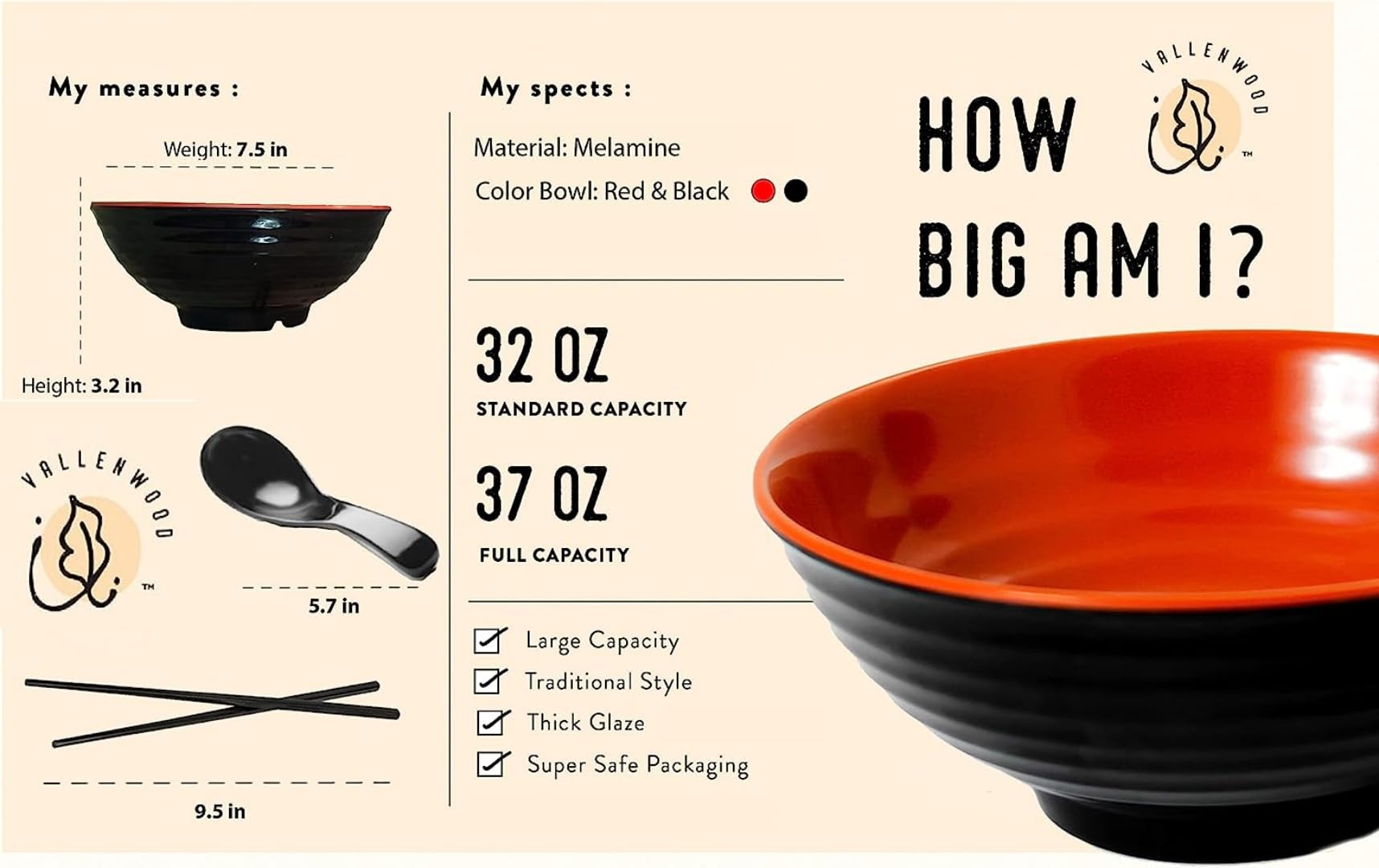 4 Ramen Bowls, 12 Pieces Pho Set. Red Black Asian Japanese Soup. Utensil: Spoons And Chopsticks Kit. Melamine. Large 37 Oz. Nood