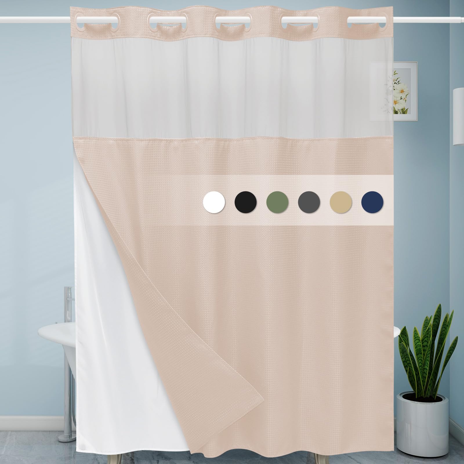 Eutxl Blush Pink No Hook Shower Curtain With Snap In Liner,230Gsm Waffle Weave Shower Curtains For Bathroom,71W X 74H