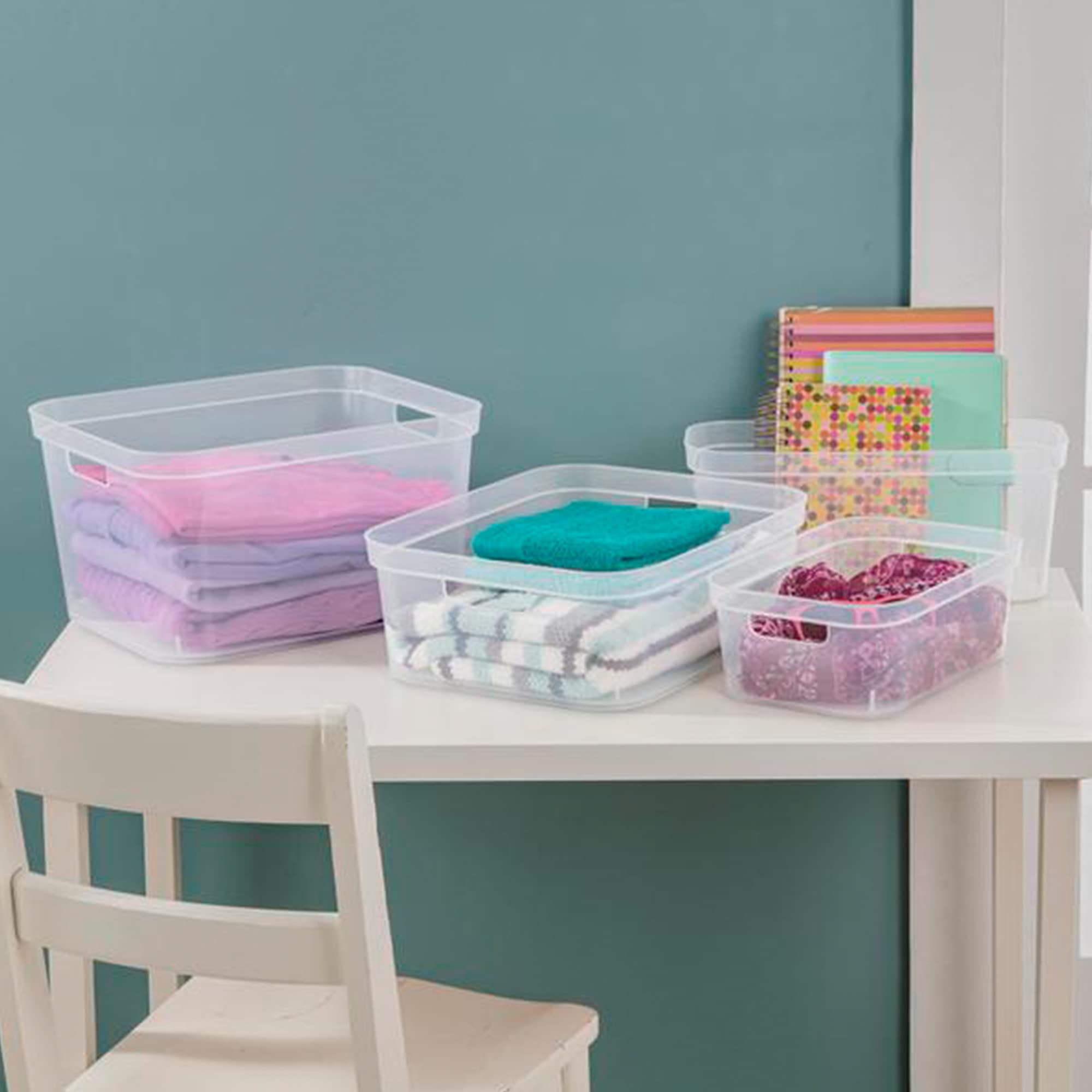 Sterilite 4.25 x 8 x 12.25 Inch Small Modern Storage Bin with Comfortable Carry Through Handles and Banded Rim for Household Organization  Clear