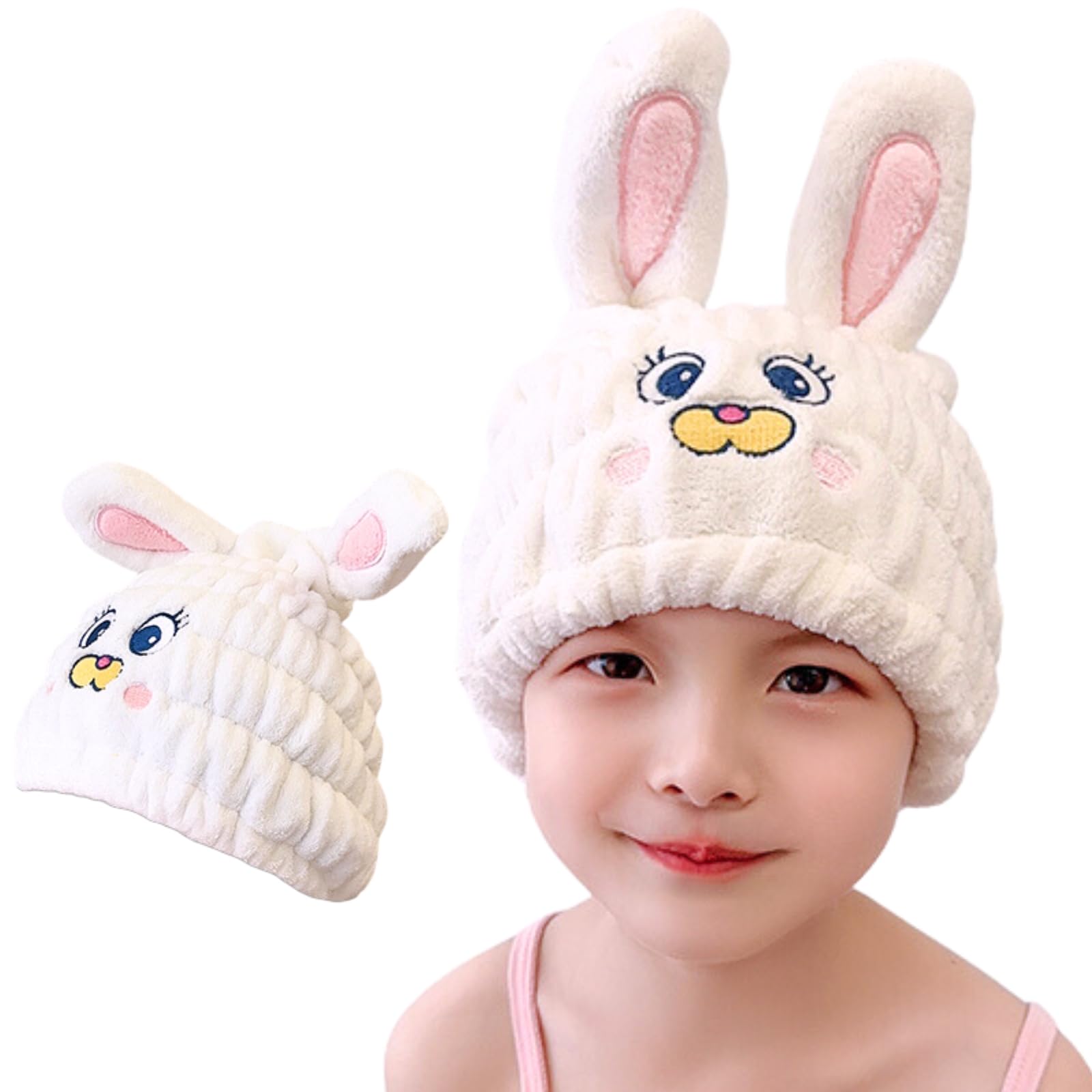 LCBD Microfiber Hair Towel Wrap for Kids, White Rabbit Dry Hair Cap Set with Hair Scrunchies, Absorbent Quick Hair Drying Towel