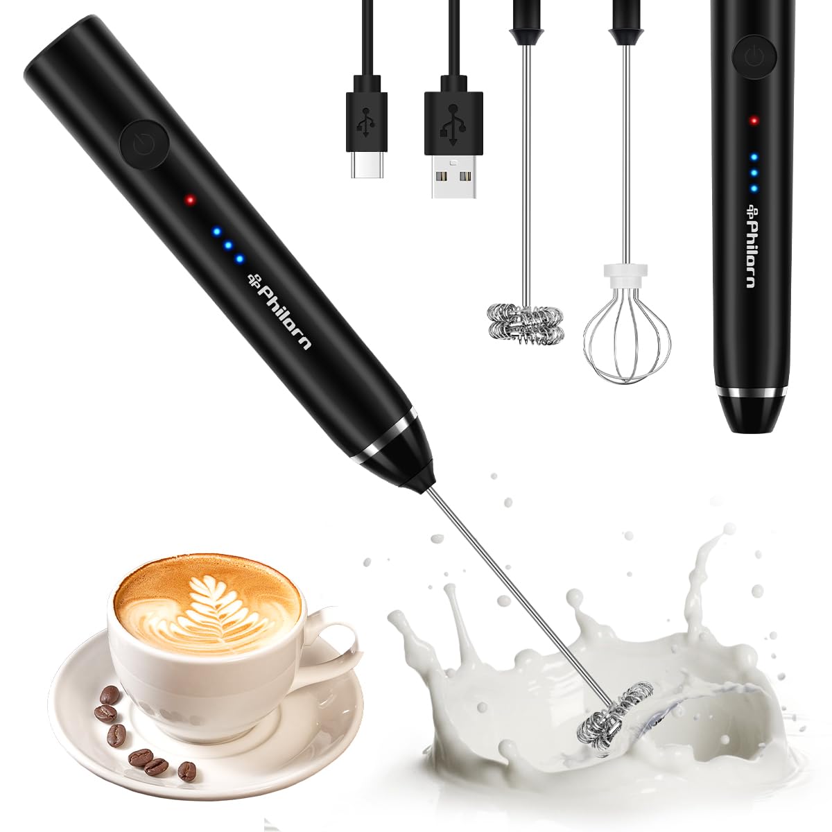 Philorn Milk Frother Handheld Rechargeable Coffee Frother - Frother Wand With 2 Heads, Electric Whisk Drink Mixer For Coffee, Mi
