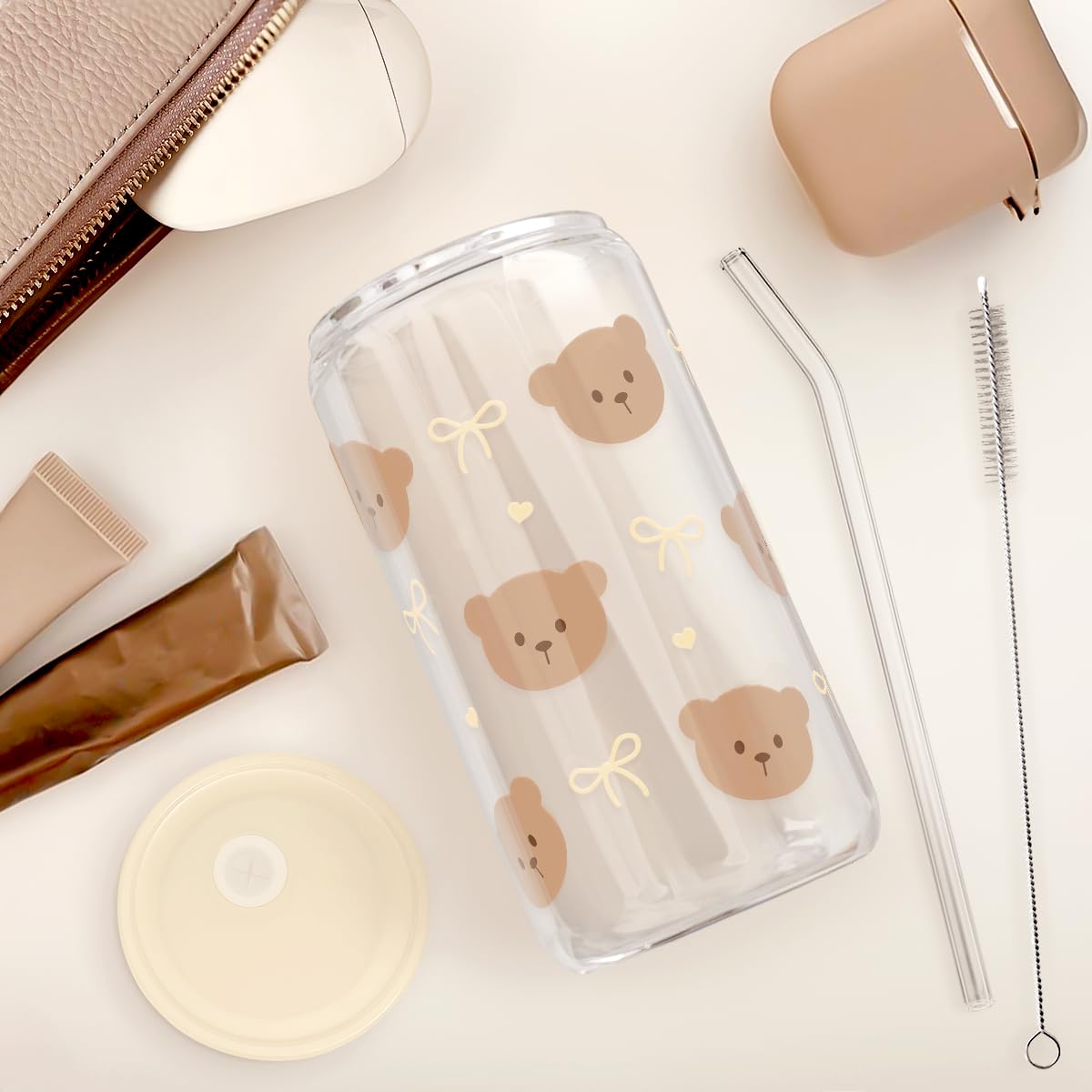 Bear Glass Can, Iced Coffee Aesthetic Cup, Gift for Christmas Birthday, Gifts for Women Girls, 16oz