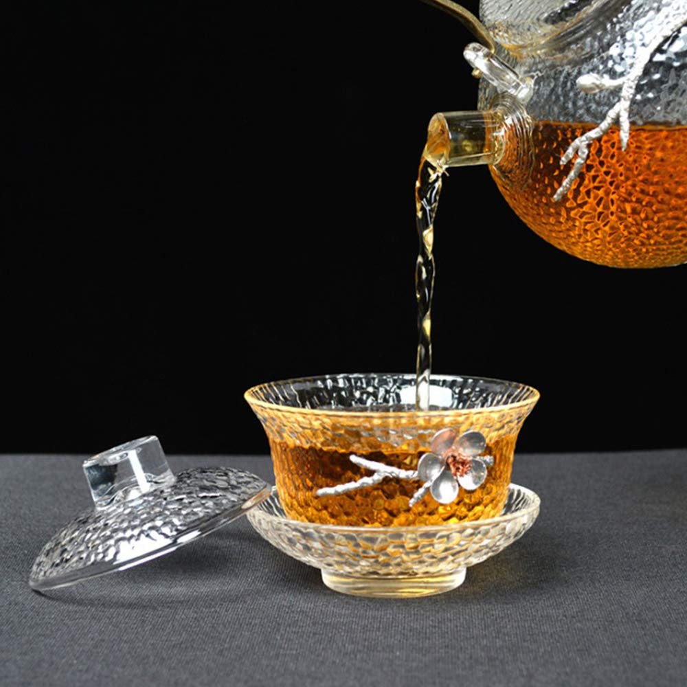 Chinese Glass Gaiwan Traditional Plum Design Kongfu Tea Cup 150Ml,Classic Tea Set Cup With Lid And Saucer
