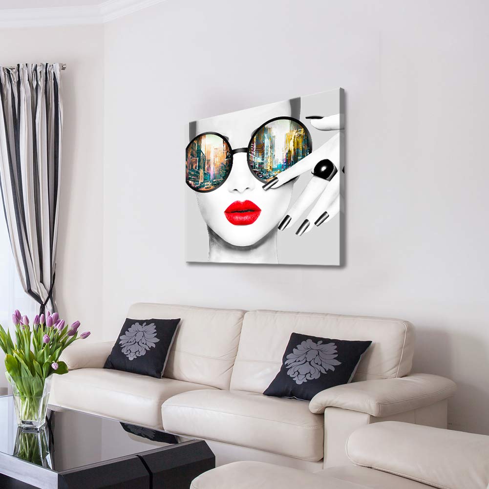 Contemporary Wall Art Modern Fashion Women with Red Lip Canvas Print Stylish Feminine Wall Art Painting Framed Cityscape Piture Ready to Hang for Home Decoration (28x28inch)
