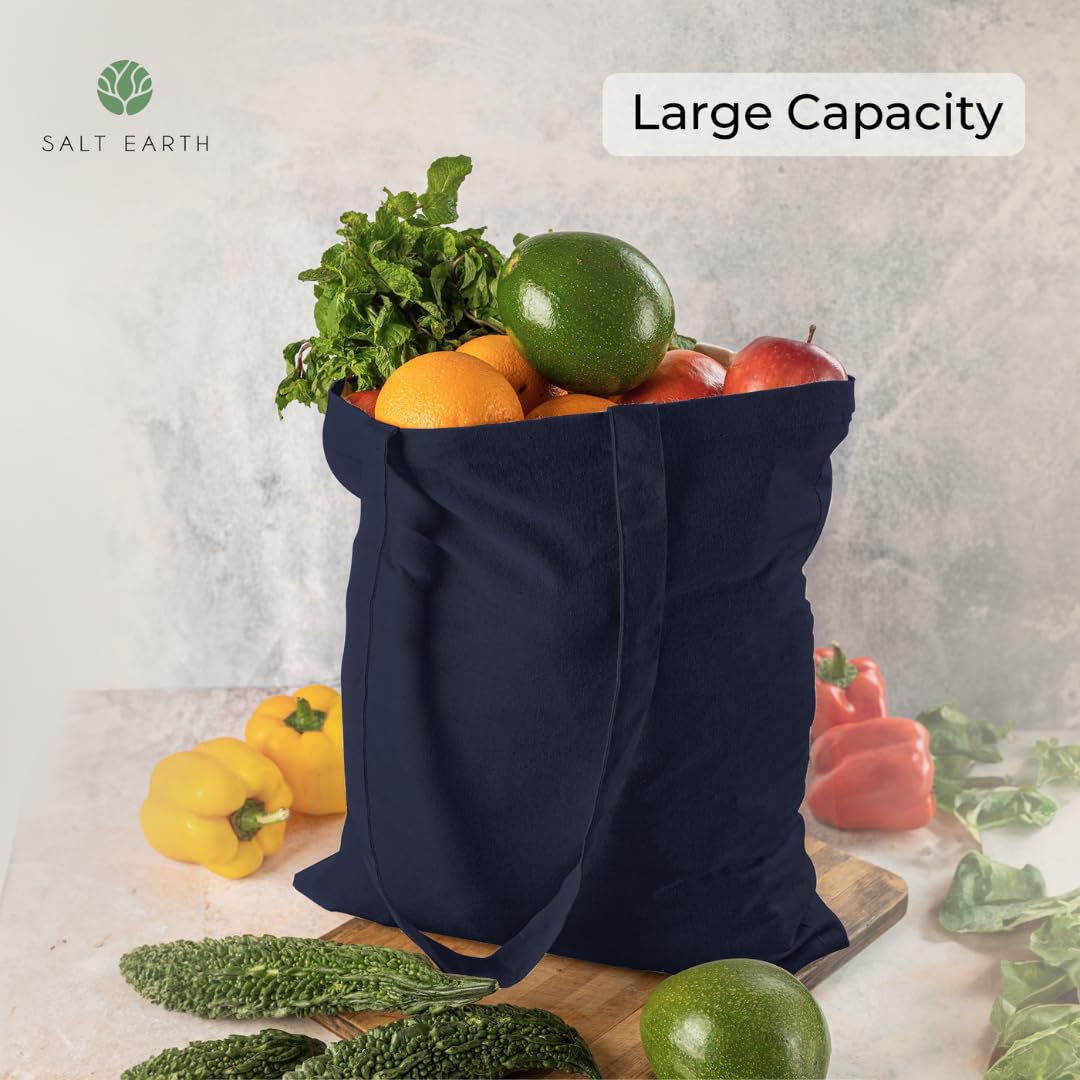 Salt Earth Pack of 5 | 6 | 12 | 24 | 48 - 100% Cotton Reusable Tote Bags - Bulk Grocery, Shopping, DIY, Beach & Gift Use (Navy)