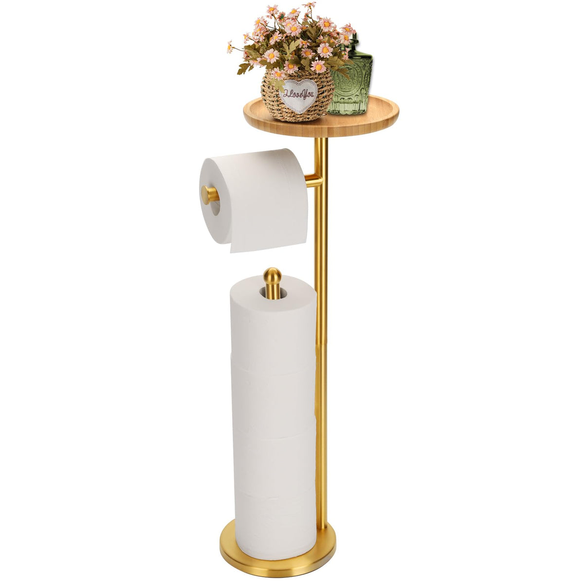 Toilet Paper Holder Stand With 7.9'' Big Bamboo Tray, Gold Floor Standing Paper Holder Storage Stand With Phone Shelf, Reserve F