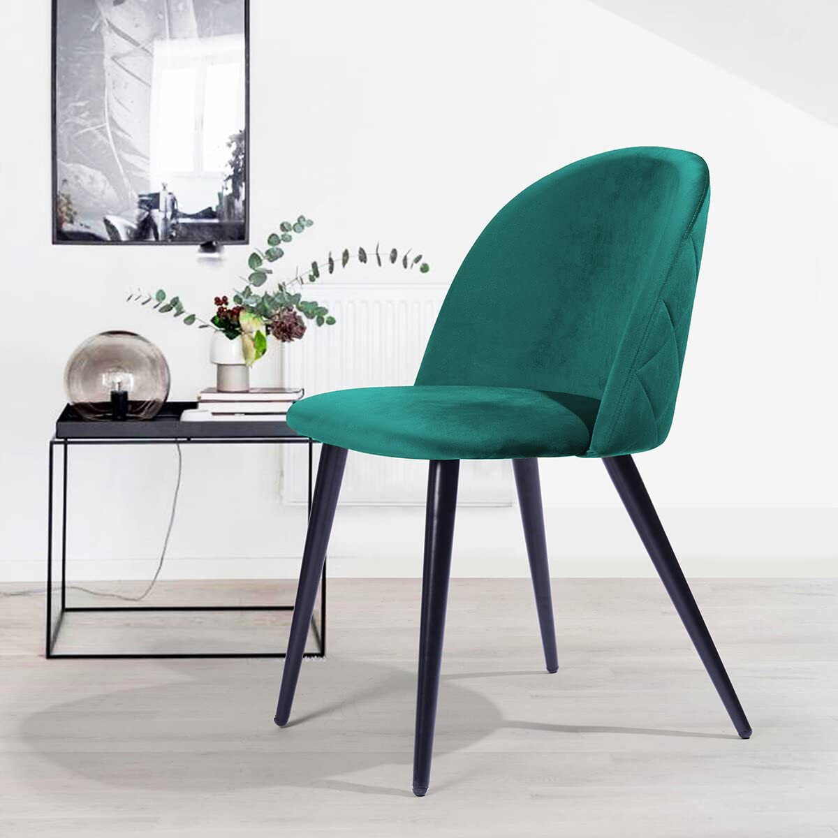 Finch Fox Romantic Vintage Dining Chairs Rustic T-Blue Velvet Cushion Seat Chair With Black Powdered Coated Metal Legs