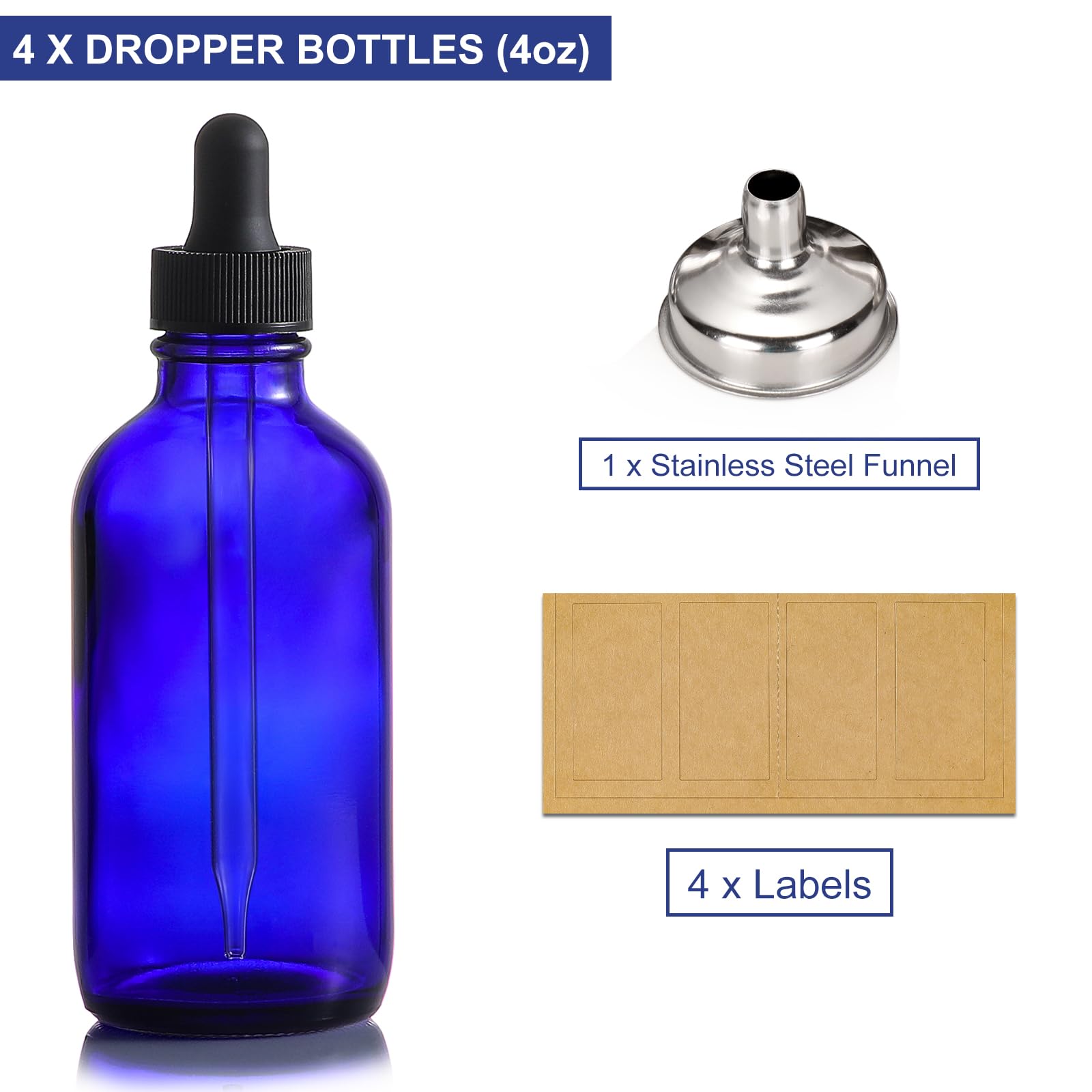 Aozita 4 Pack, 4Oz Blue Glass Dropper Bottles With 1 Funnel & 4 Lables - 120Ml Dark Bluetincture Bottles With Eye Droppers - Lea