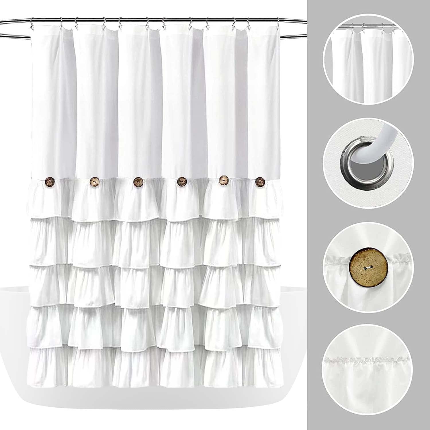 White Ruffle Shower Curtain Farmhouse Shower Curtain Set With 12 Hooks 72 X 84 Inch Fabric Shower Curtains With Buttons & White