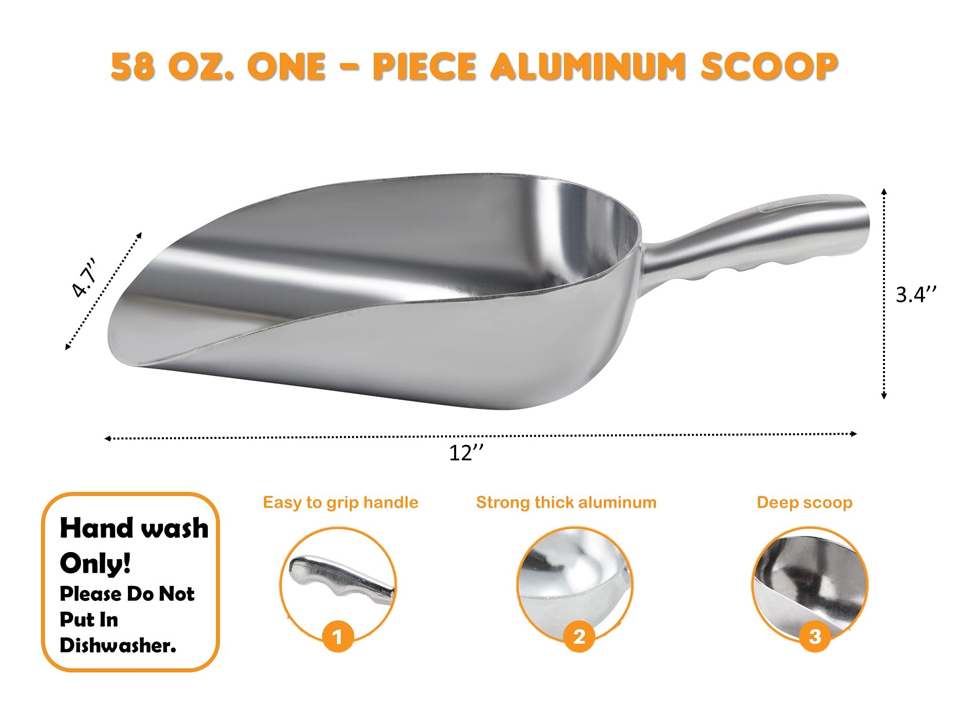 Cast Aluminum Utility Scoop - 58 Oz. - Round Bottom, Ice Scoop For Multi-Purpose Use, With Finger Groove Handle (58 Oz.)