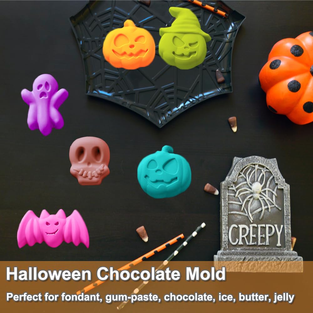 2 Pack Halloween Silicone Cake Mold Pumpkin Bat Skull Ghost Shape Silicone Mold For Chocolate Candy Gummy Jello Ice Cube Crayon