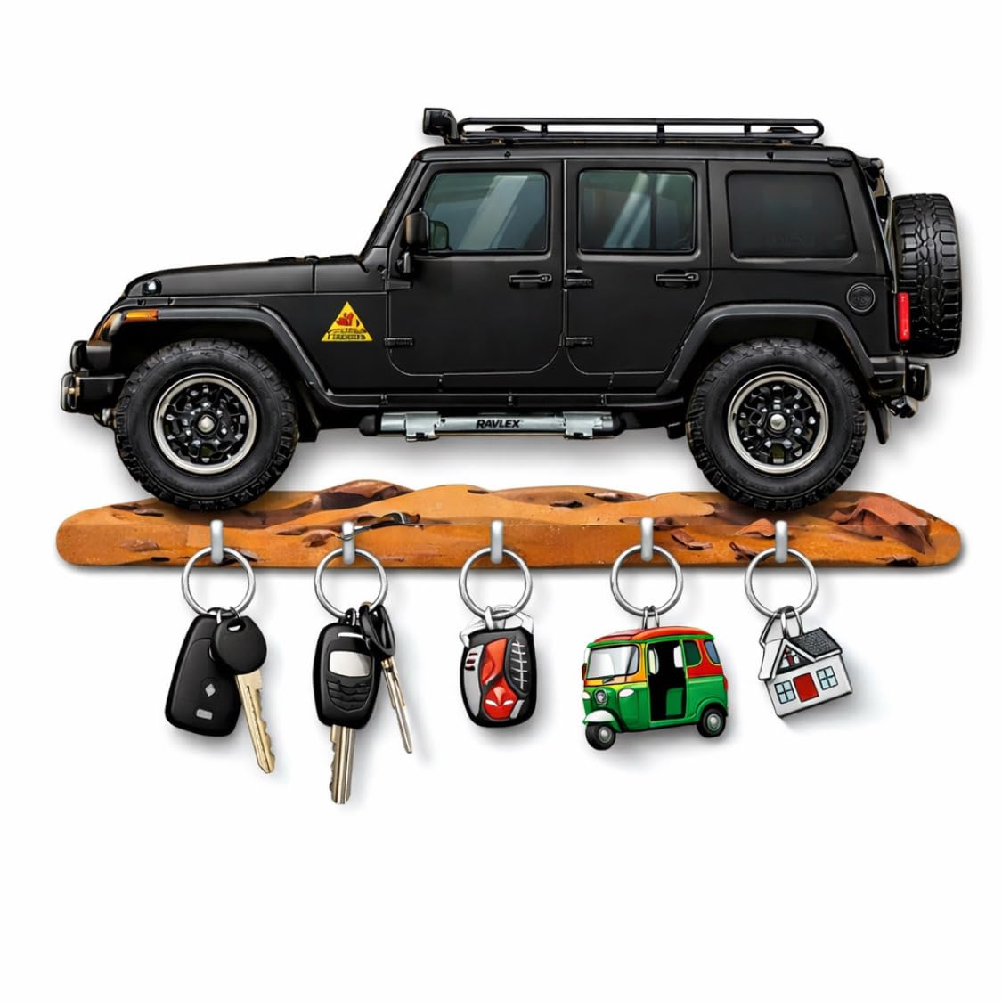 RAVLEX Wooden Car Shape Key Holder for Home Decor | UV Printed Wall Mounted Key Holder with 5 Hooks | Decorative Key Stand for E