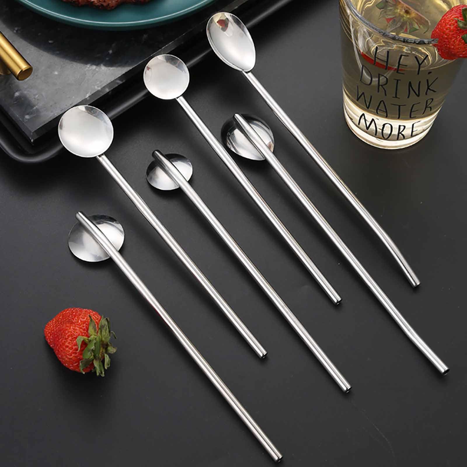 6Pcs Stainless Steel Straw Set With Spoons, Reusable Drinking Straws, Dishwasher Safe Steel Straws For Smoothies & Coffee, SixP
