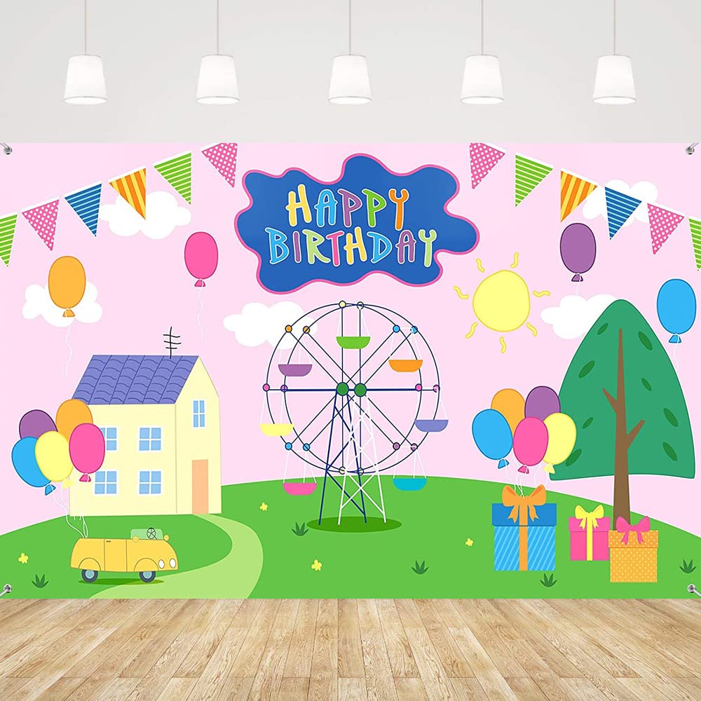 Happy Birthday Backdrop Colorful Cartoon House Sky Flag Car Photography Background Cartoon Pink Pig Theme Banner for Baby Shower