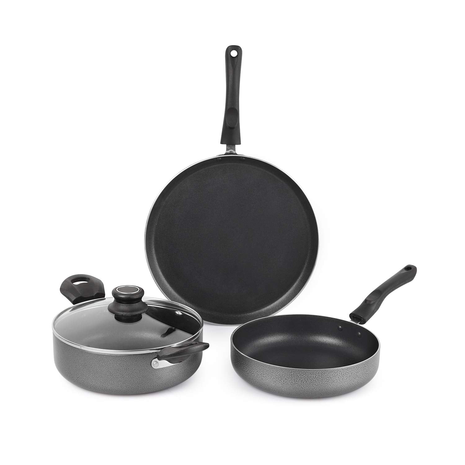 CELLO 3Pcs Prima Non-Stick Cookware Set Induction Base 220Mm Kadhai, Fry Pan 220, 280Mm Non Stick Dosa Tawa With Glass Lid, Hamm