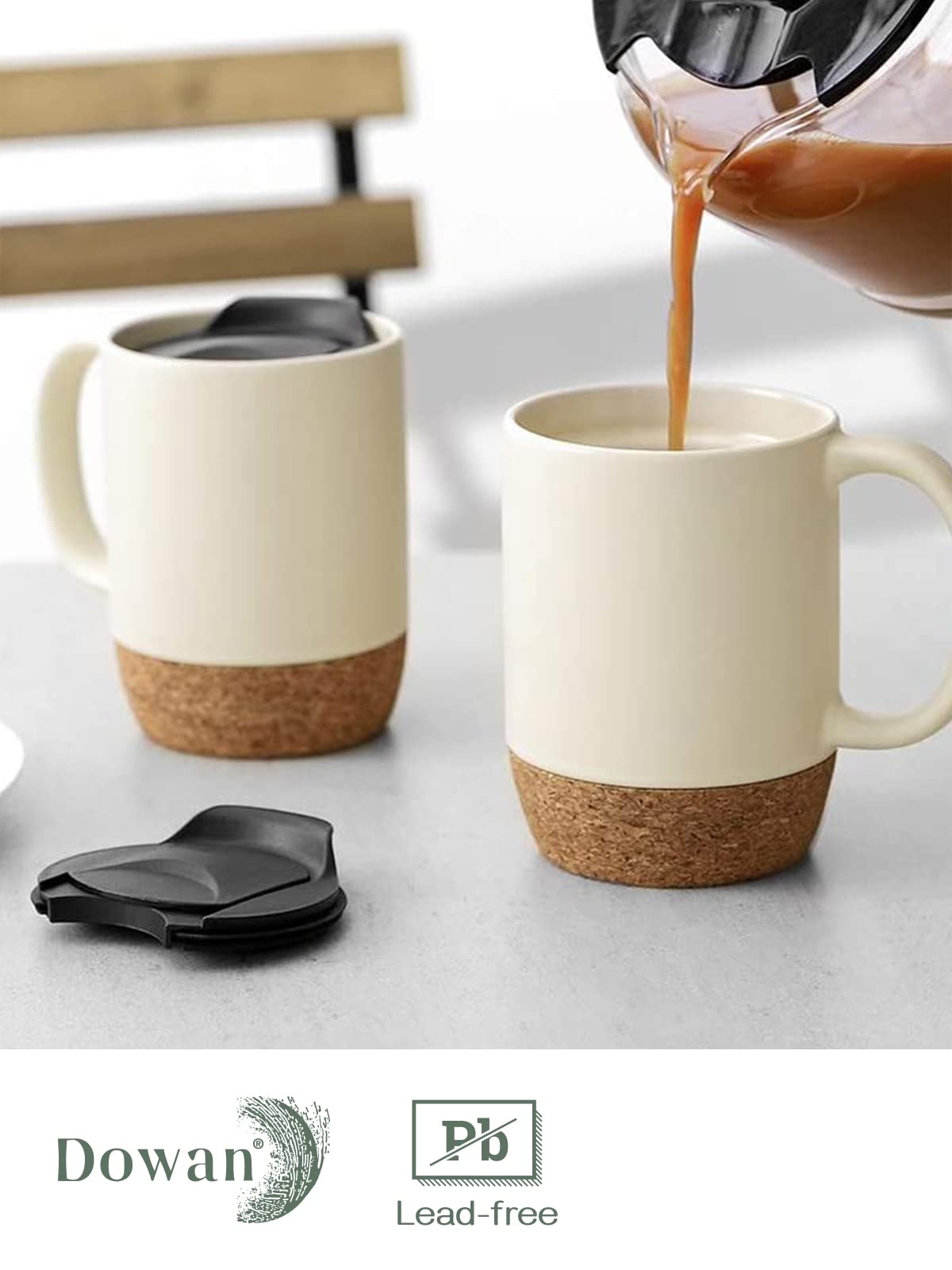 DOWAN Coffee Mugs Set of 2, 15 OZ Ceramic Mug with Cork Bottom and Lid, Large Coffee Mug with Handle, Coffee Mug Ceramic Set,Gif