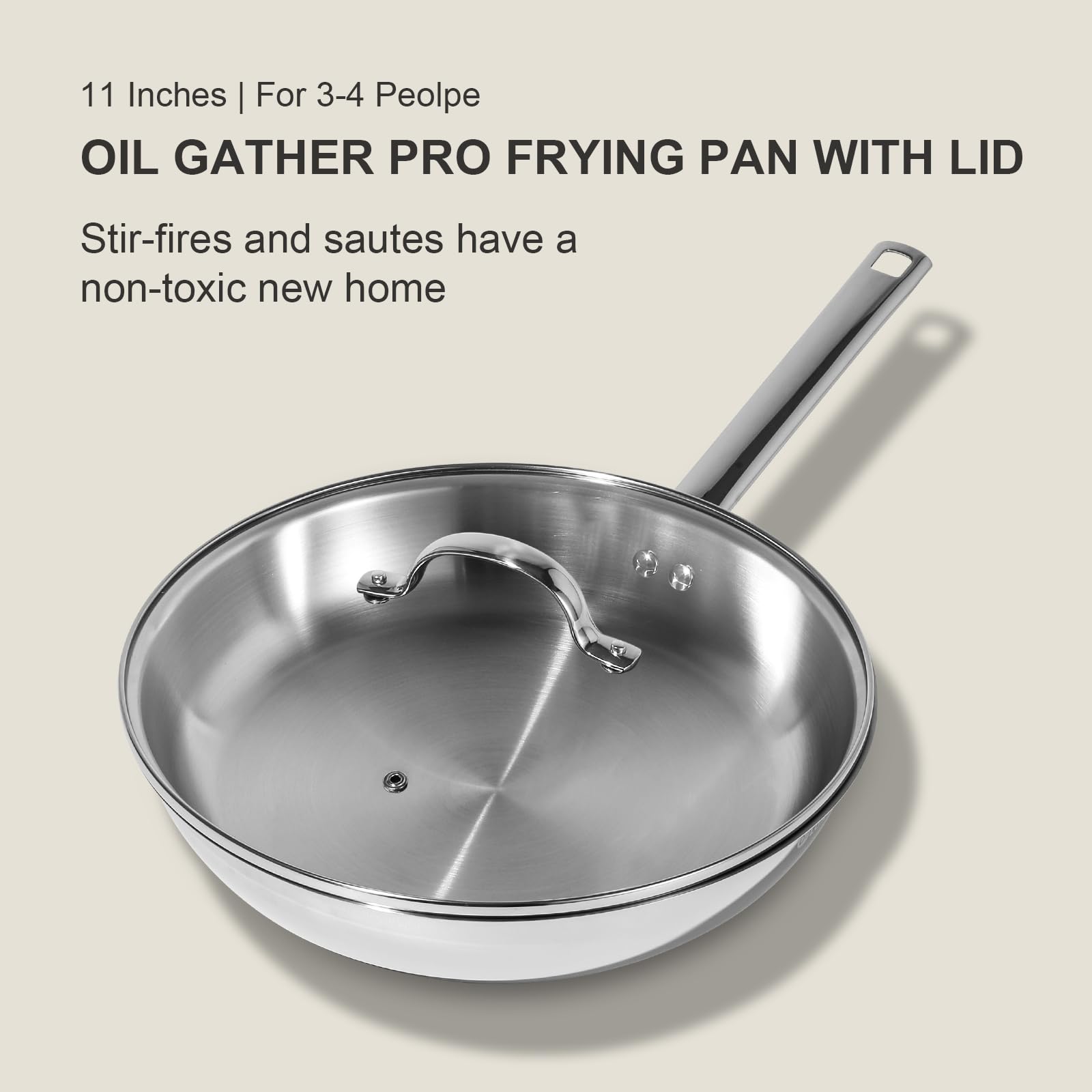 Deluxe Stainless Steel Frying Pan With Lid, 11-Inches Oil Gather Pro Skillet With 3-Ply Heavy Bottom, Pfoa Free Frying Pot With