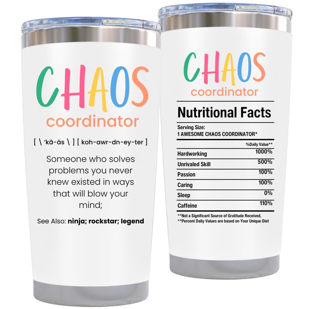 KLUBI Chaos Coordinator Gifts for Women - Teacher Appreciation Gift for Mothers Day, Nurses Week Promotion - 20oz White Tumbler 