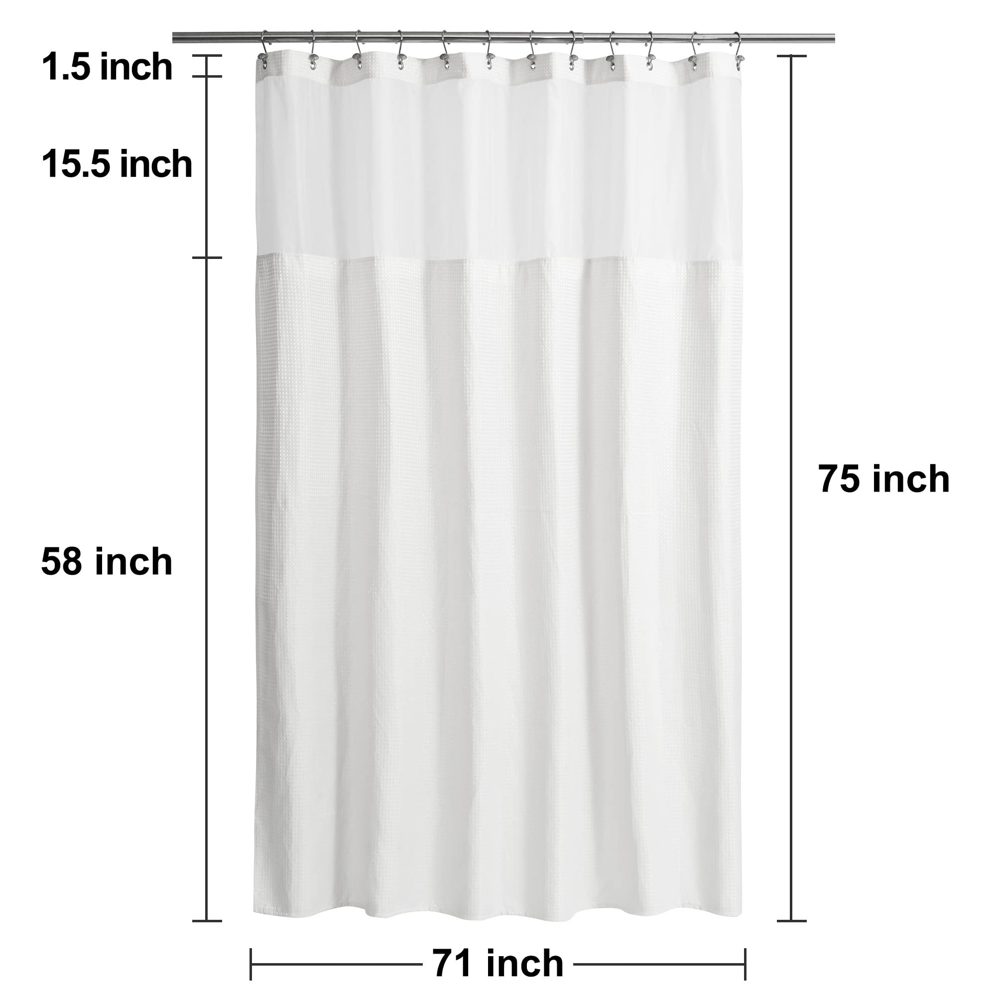 N&Y HOME Long Waffle Weave Shower Curtain 75 Inch Length with Snap-in Fabric Liner & Metal Hooks Set - Hotel Style  Waterproof & Washable  Heavyweight Fabric & Mesh Top Window - 71x75  White