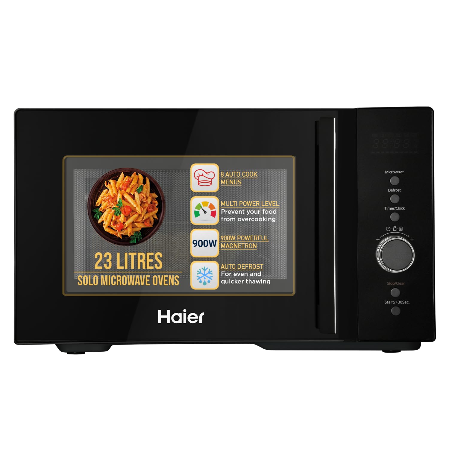 Haier 23L Solo Microwave Oven With Defrost Technology, Child Lock (Hil2301Mbej, Black, Inbuilt Auto Cook Menus)