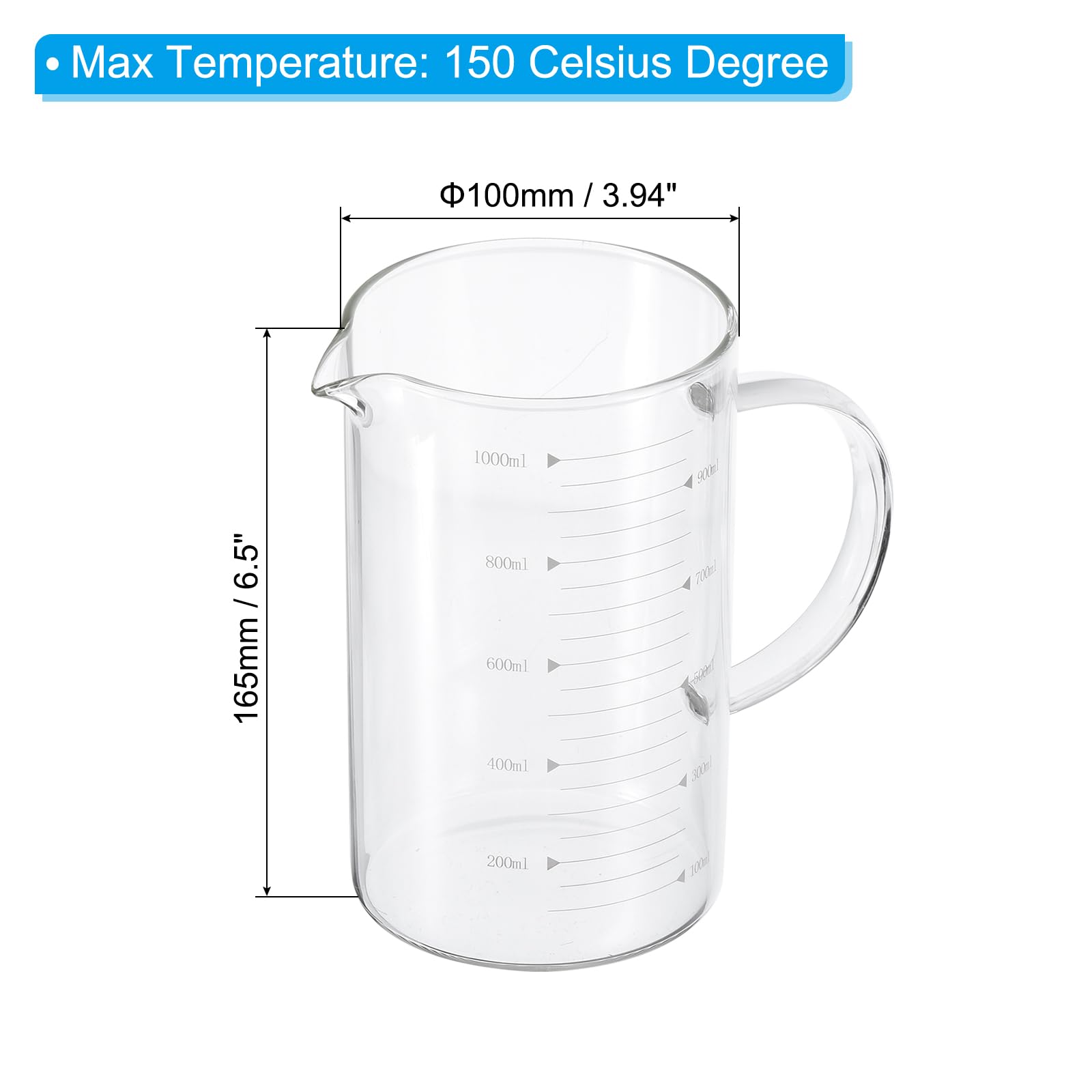 Patikil 1000Ml Glass Measuring Cup, 3.3 Borosilicate Glass Graduated White Printed Scale Liquid Measure Cups Beaker With V-Shape