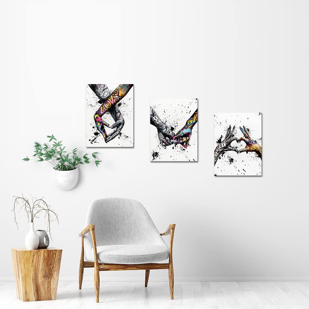 Vanseeing 3 Piece Graffiti Paintings Canvas Wall Art Promise Holding Hands Pop Art Posters Prints Abstract Painting Bedroom Wall