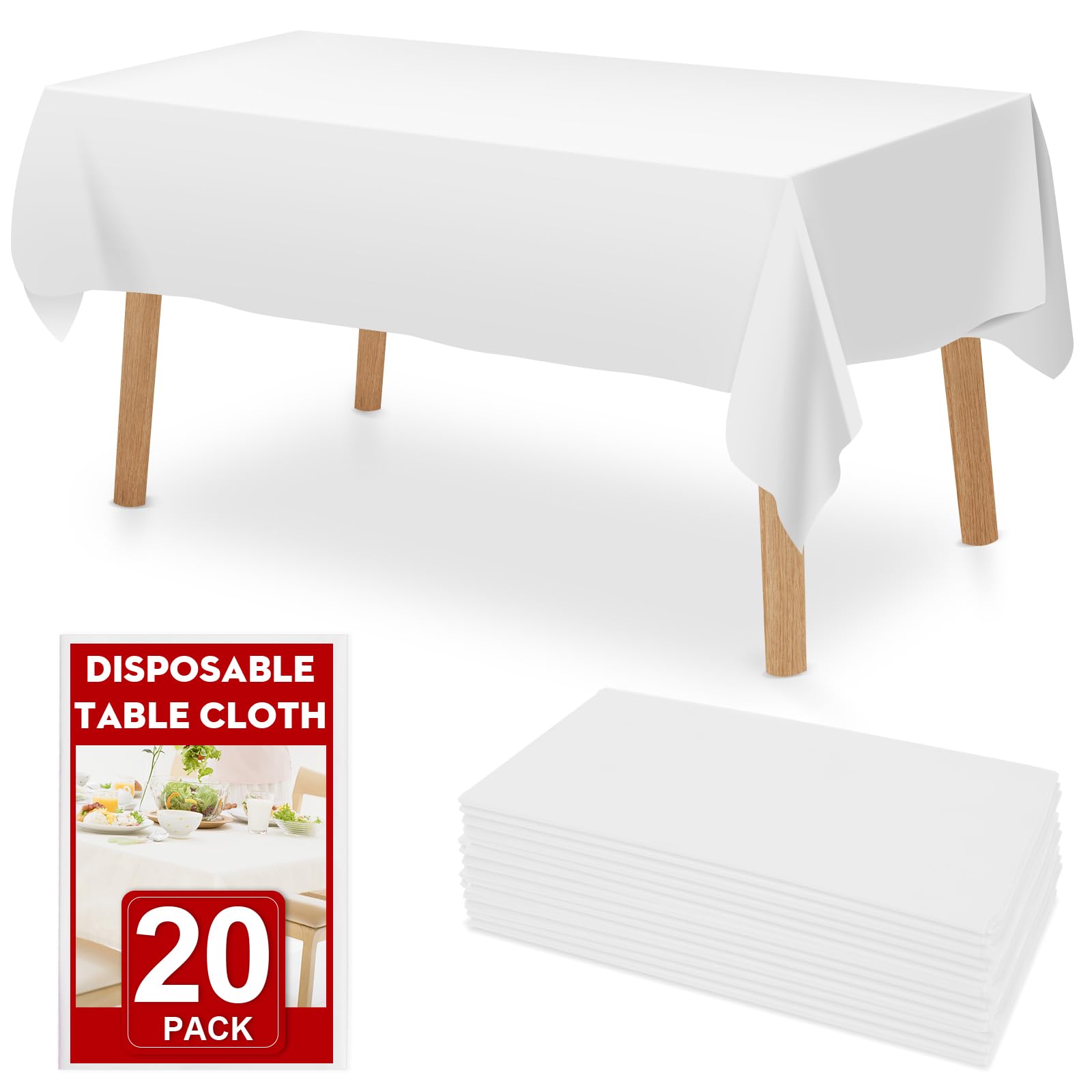 RowinsyDD 20 Pack White Plastic Table Cloths Disposable, 54 x 108 Inches Plastic Table Cover for Rectangle Tables, Disposable Ta